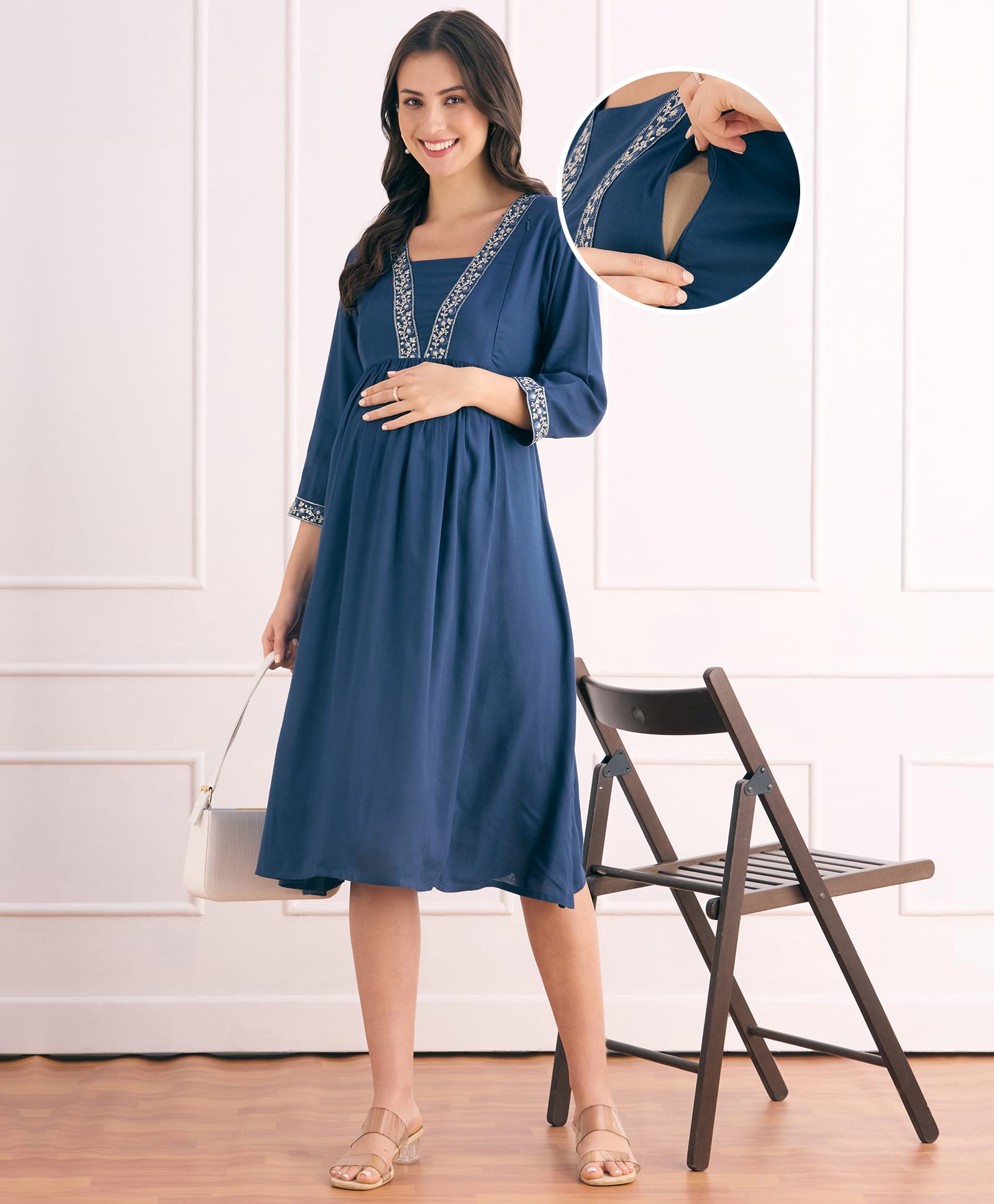 Bella Mama Viscose Woven Three Fourth Sleeves Maternity Dress with Floral Embroidery on Neck- Navy Blue-picture-10