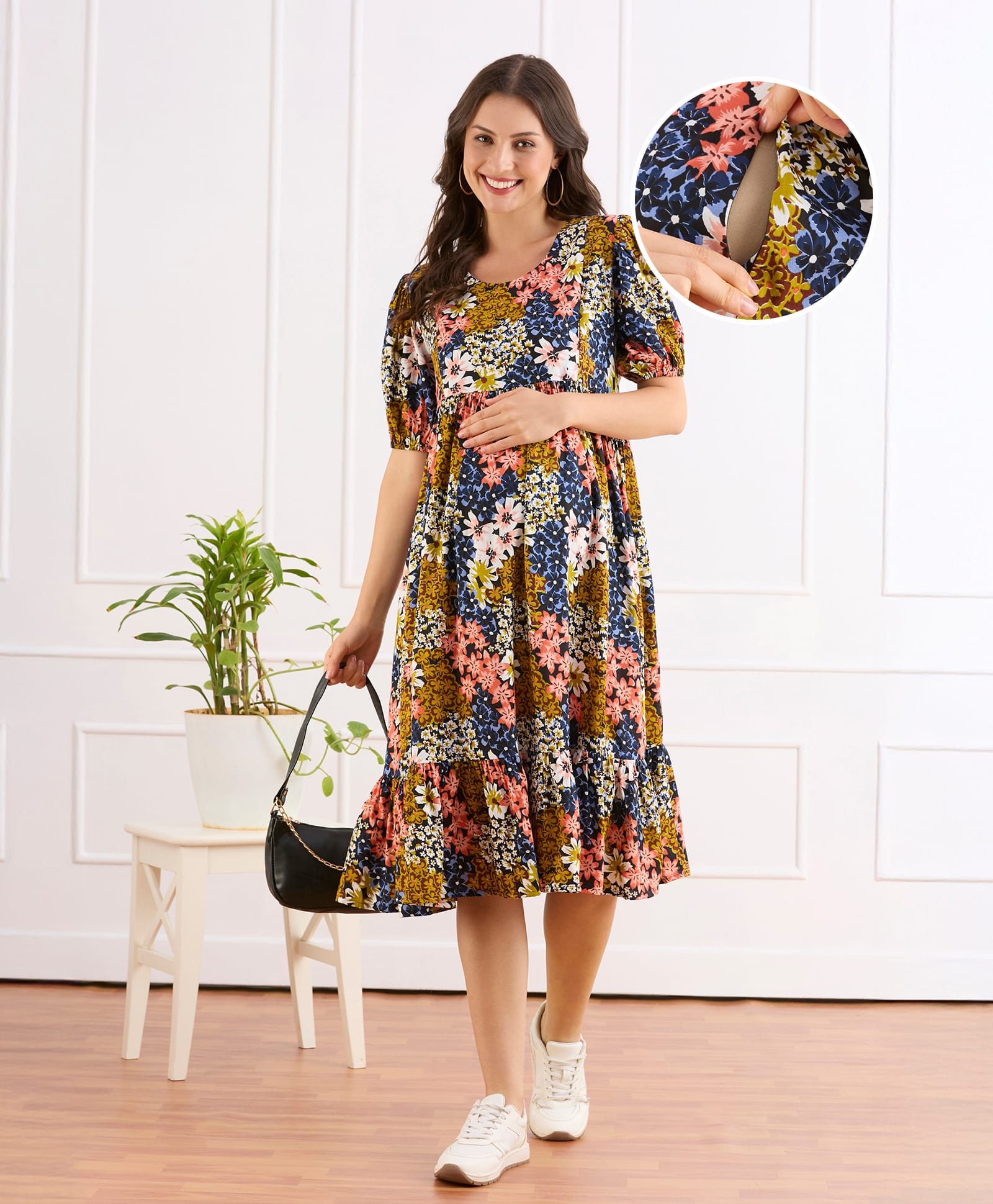 Bella Mama Viscose Woven Half Sleeves Maternity Dress With Floral Print - Multicolor-picture-36