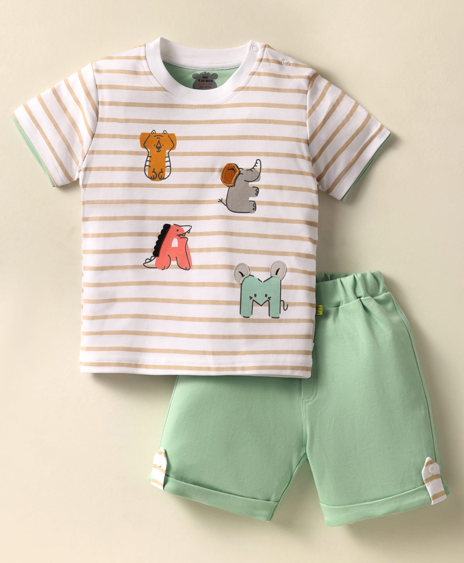 Mini Taurus Interlock Knit Half Sleeves Striped T-Shirt & Shorts Set With Animal Print - Light Green-picture-23