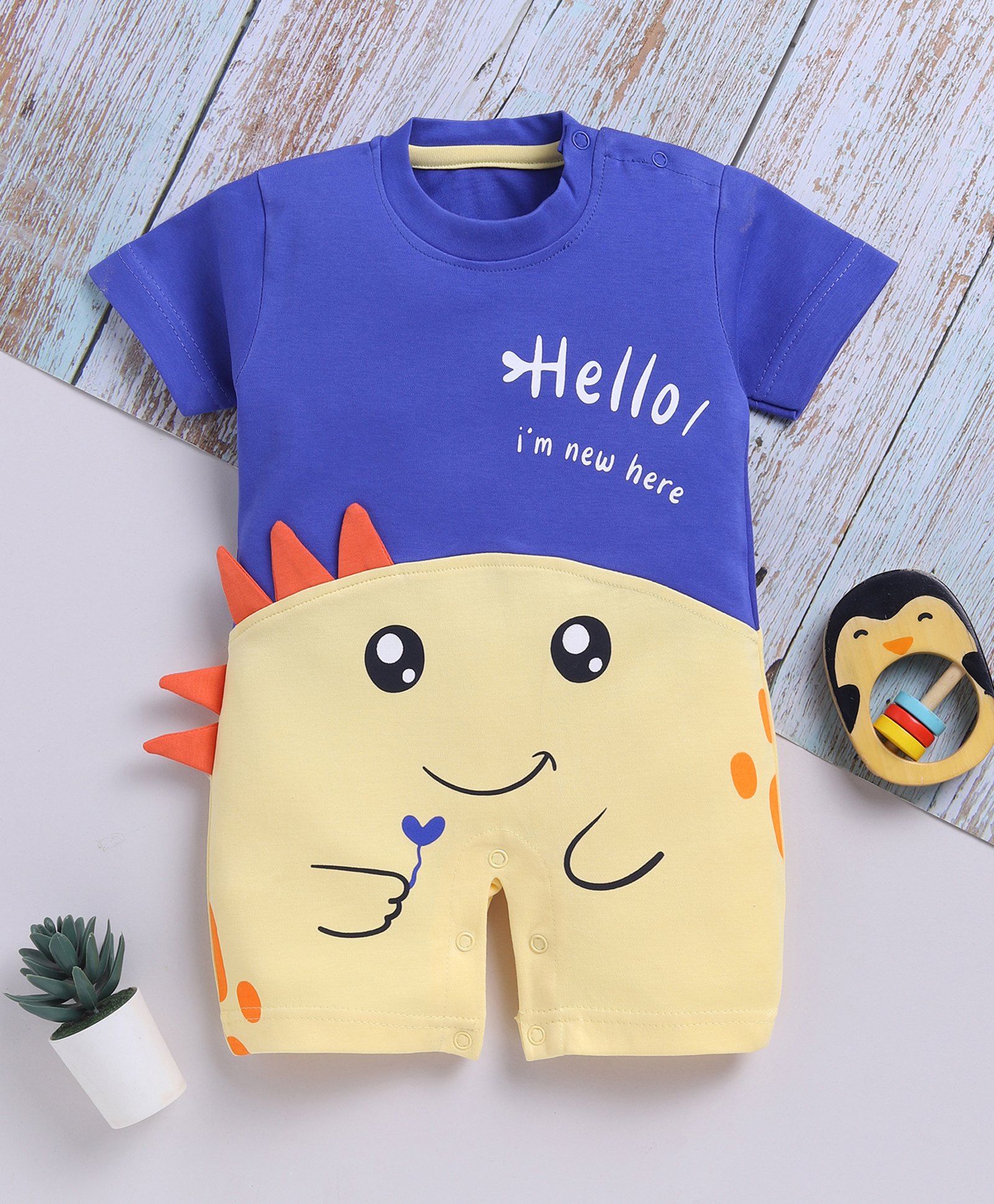 TOONYPORT Cotton Knit Half Sleeves Hello Text & Dinosaur Printed Romper - Yellow & Blue-image-11