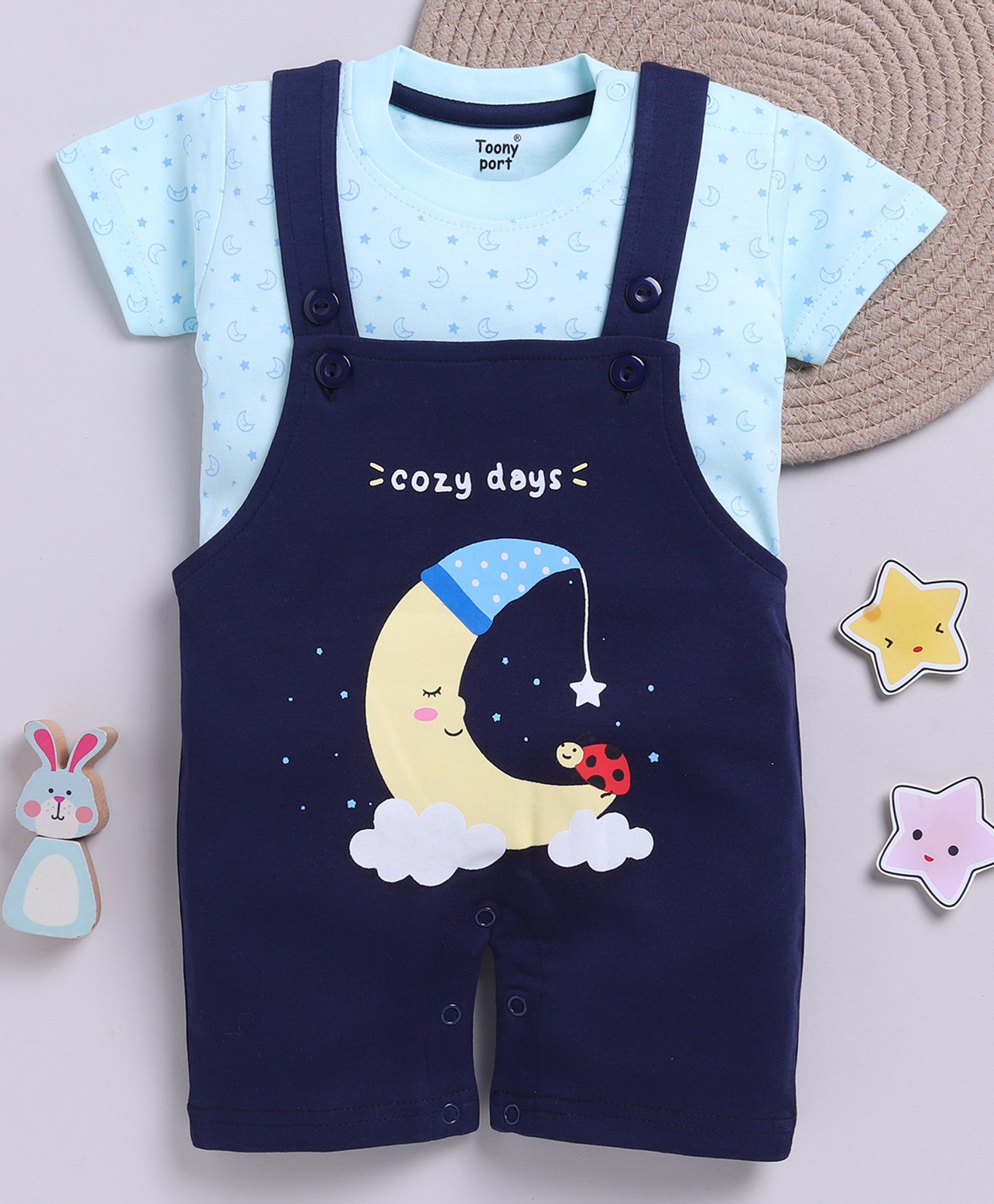 TOONYPORT Cotton Knit Cozy Days Text Printed Dungaree & Half Sleeves Tee Set - Navy Blue-picture-12