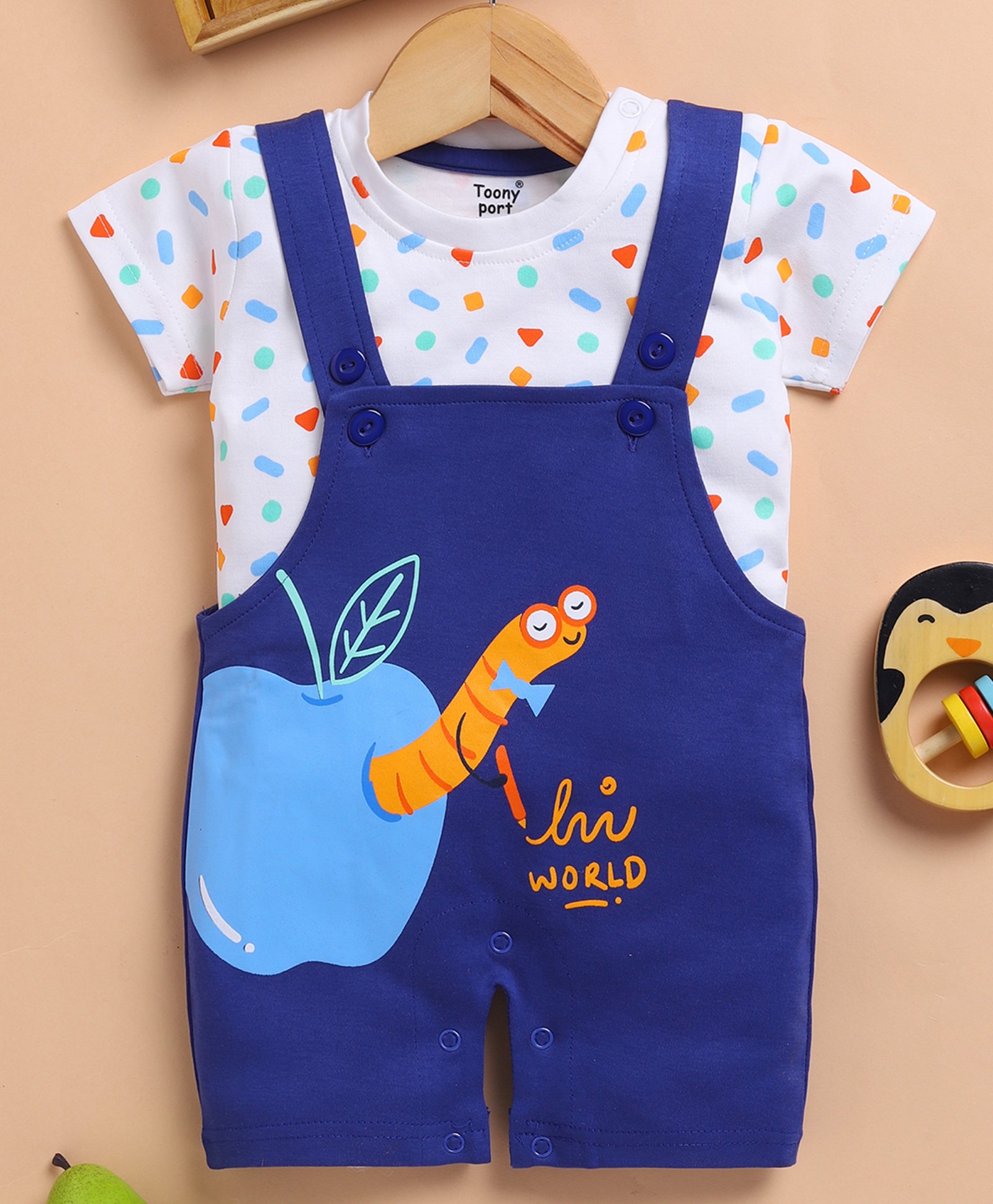 TOONYPORT Cotton Knit Hi World Text Printed Dungaree & Half Sleeves Tee Set - Blue-image-22