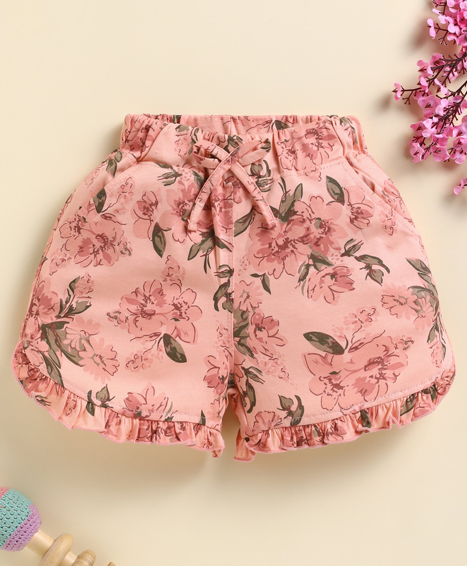 Biskid Cotton Knit Floral Printed Shorts - Peach-picture-34