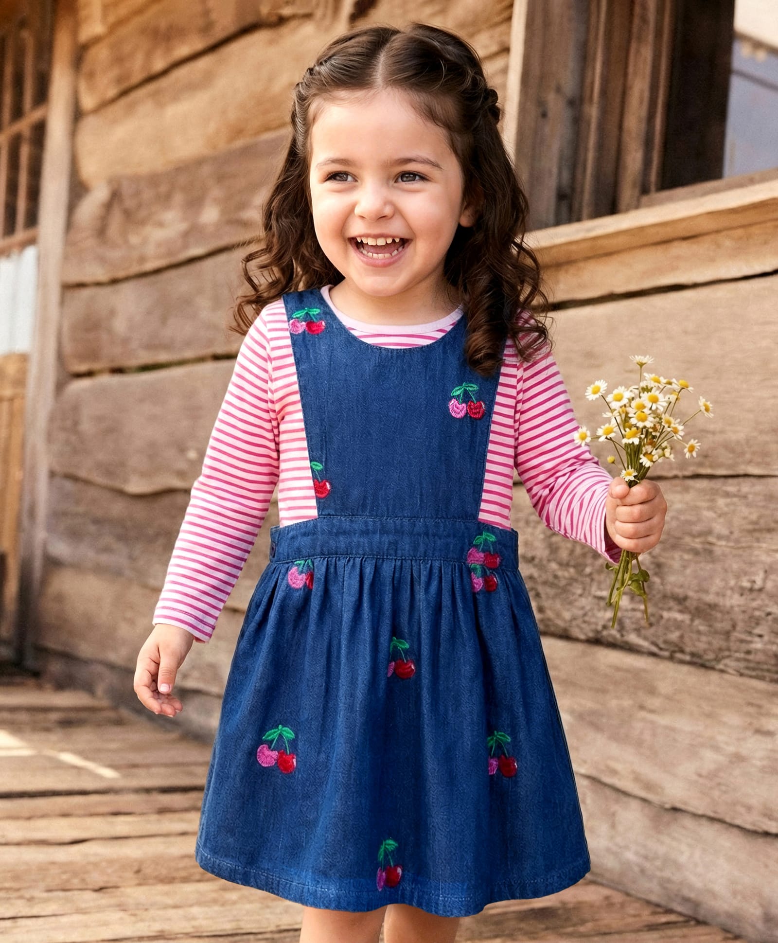 Babyhug Cotton Woven Frock with Full Sleeves Striped Tee & Cherry Embroidery - Navy Blue-image-46