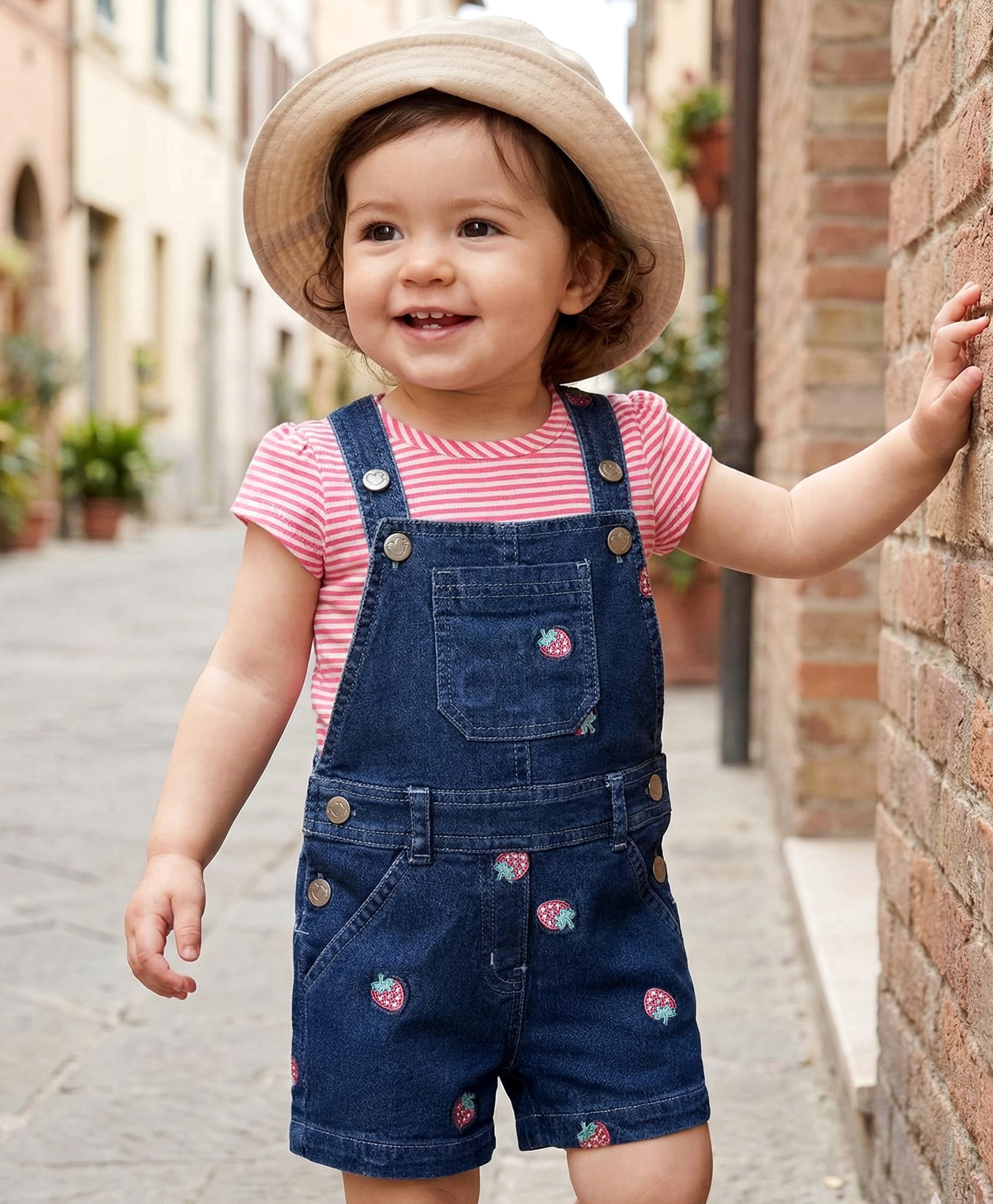 Babyhug Single Jersey Knit Cap Sleeves T-Shirt & Dungaree with Stripes & Fruit Embroidery - Red & Blue-picture-12