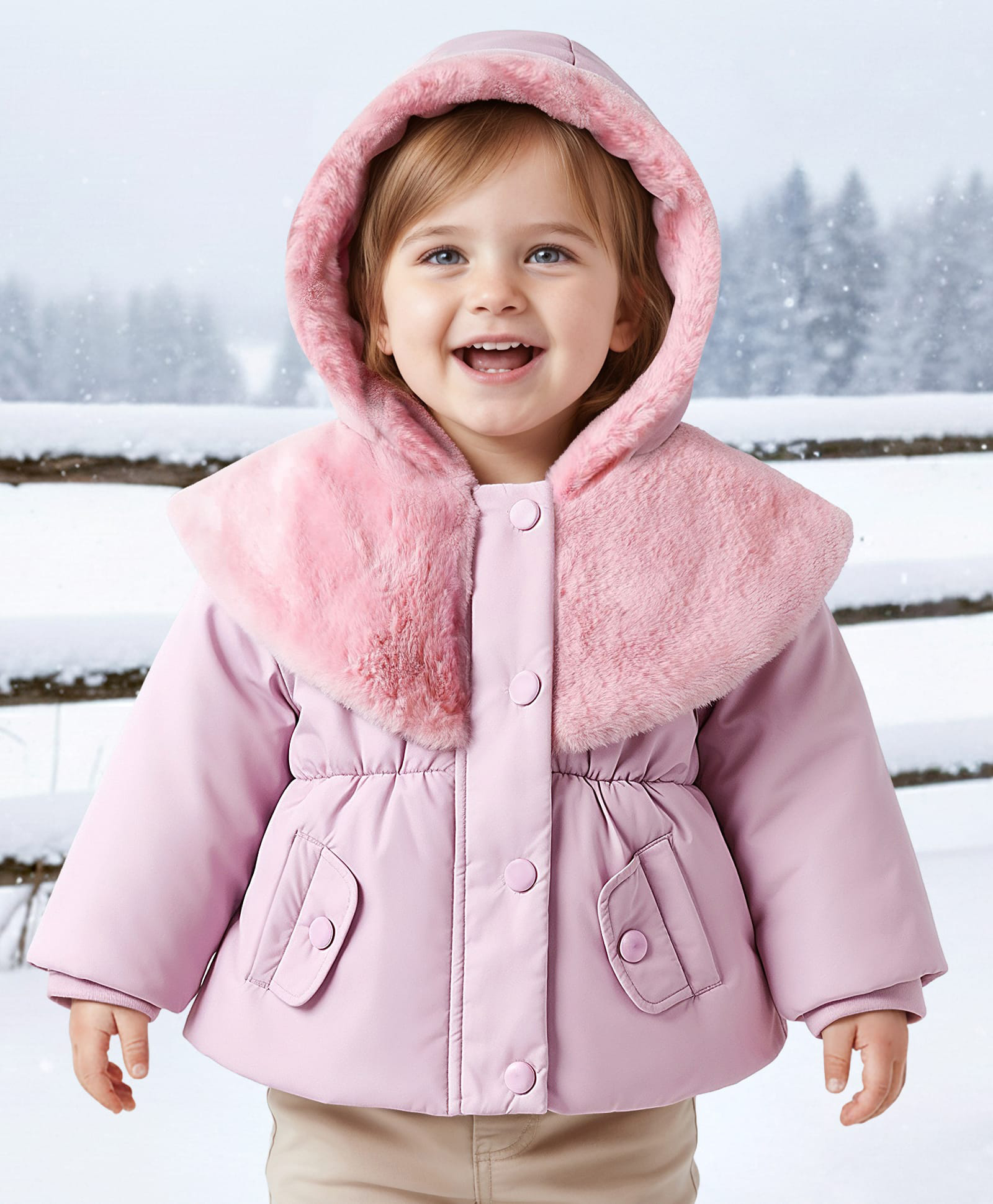 Babyoye Woven Full Sleeves Solid Dyed Hooded Padded Jacket With Fur Detailing - Light Pink-image-47
