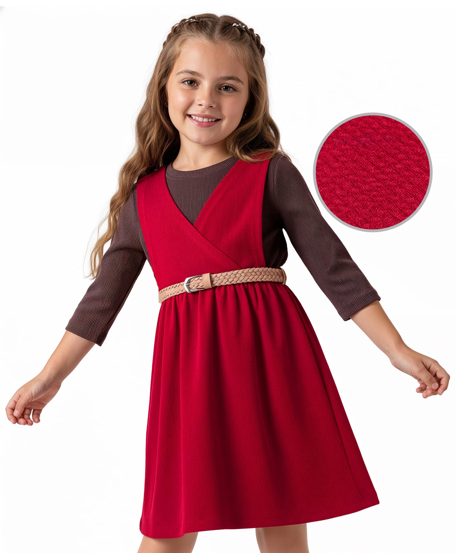 Hola Bonita Knit Three Fourth Sleeves Solid Block Dress with Belt - Wine & Dark Pink-picture-16
