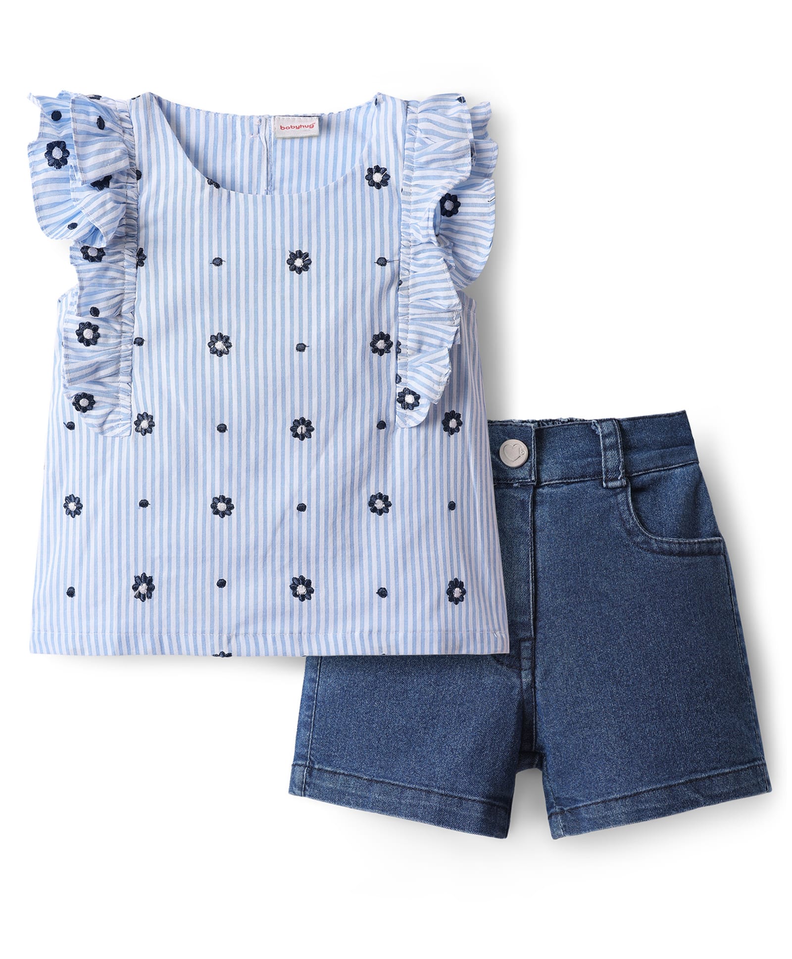 Babyhug Single Jersey Knit Frill Sleeves Top & Shorts Set With Floral Embriodery - Blue