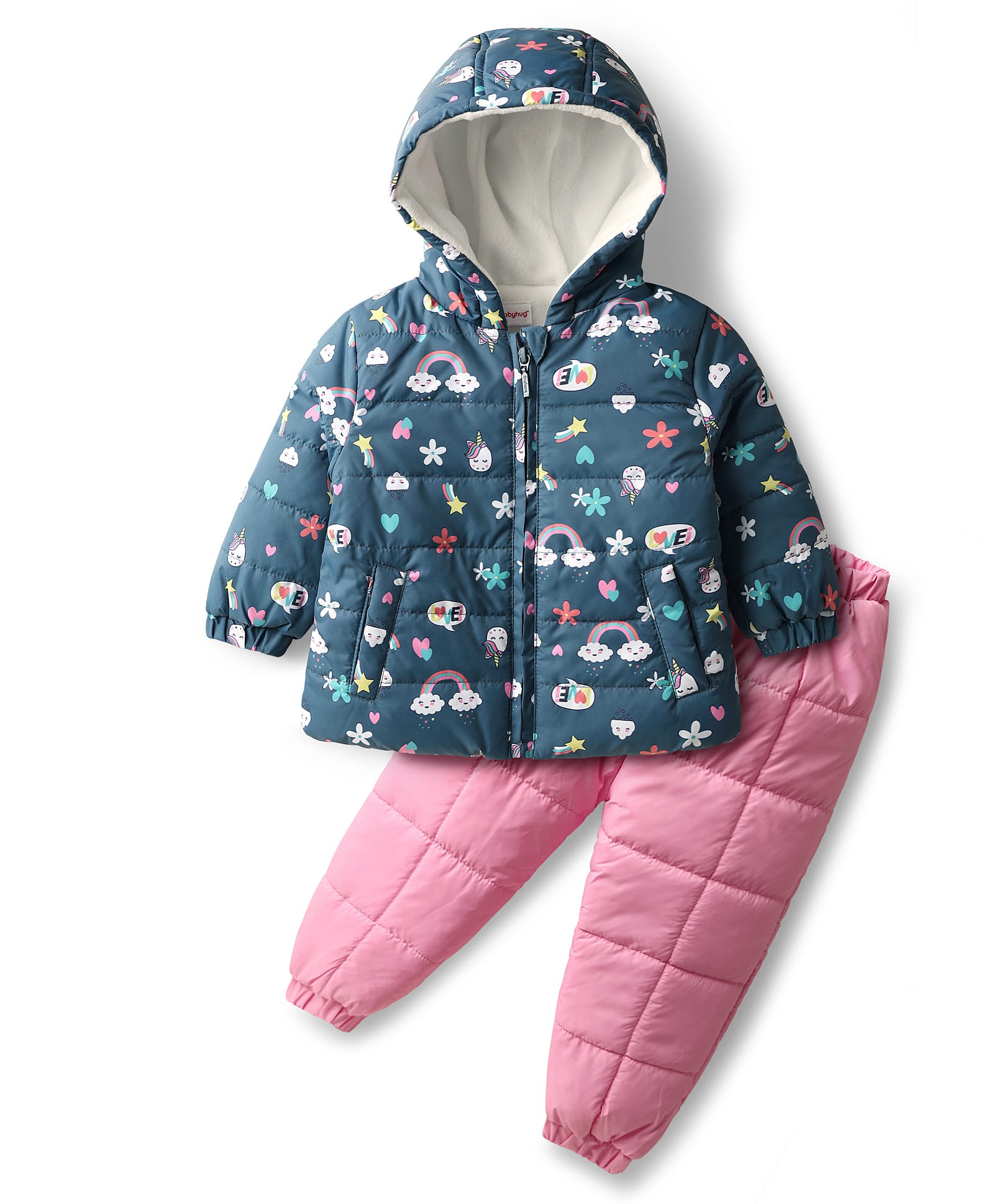 Babyhug Full Sleeves Knit Winter Wear Hooded Jacket & Joggers Set with Floral & Rainbow Print - Pink & Navy Blue-picture-37