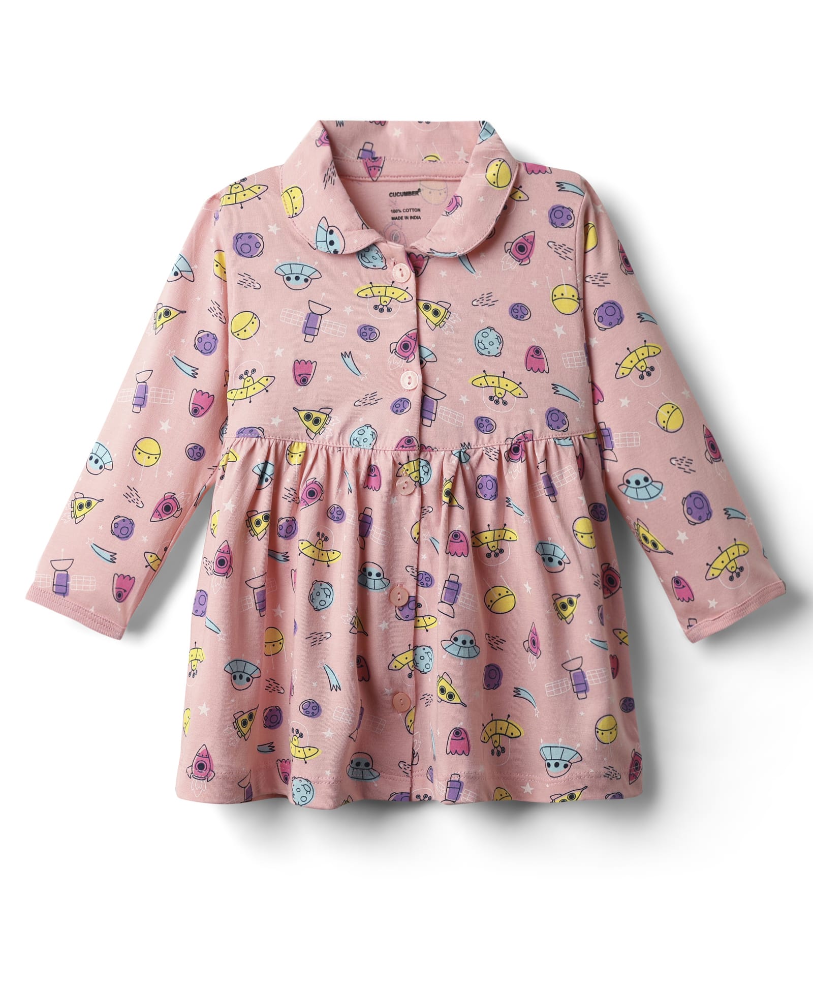 CUCUMBER Sinker Knit Full Sleeves Front Open Frock With Space Theme Print - Pink-picture-10