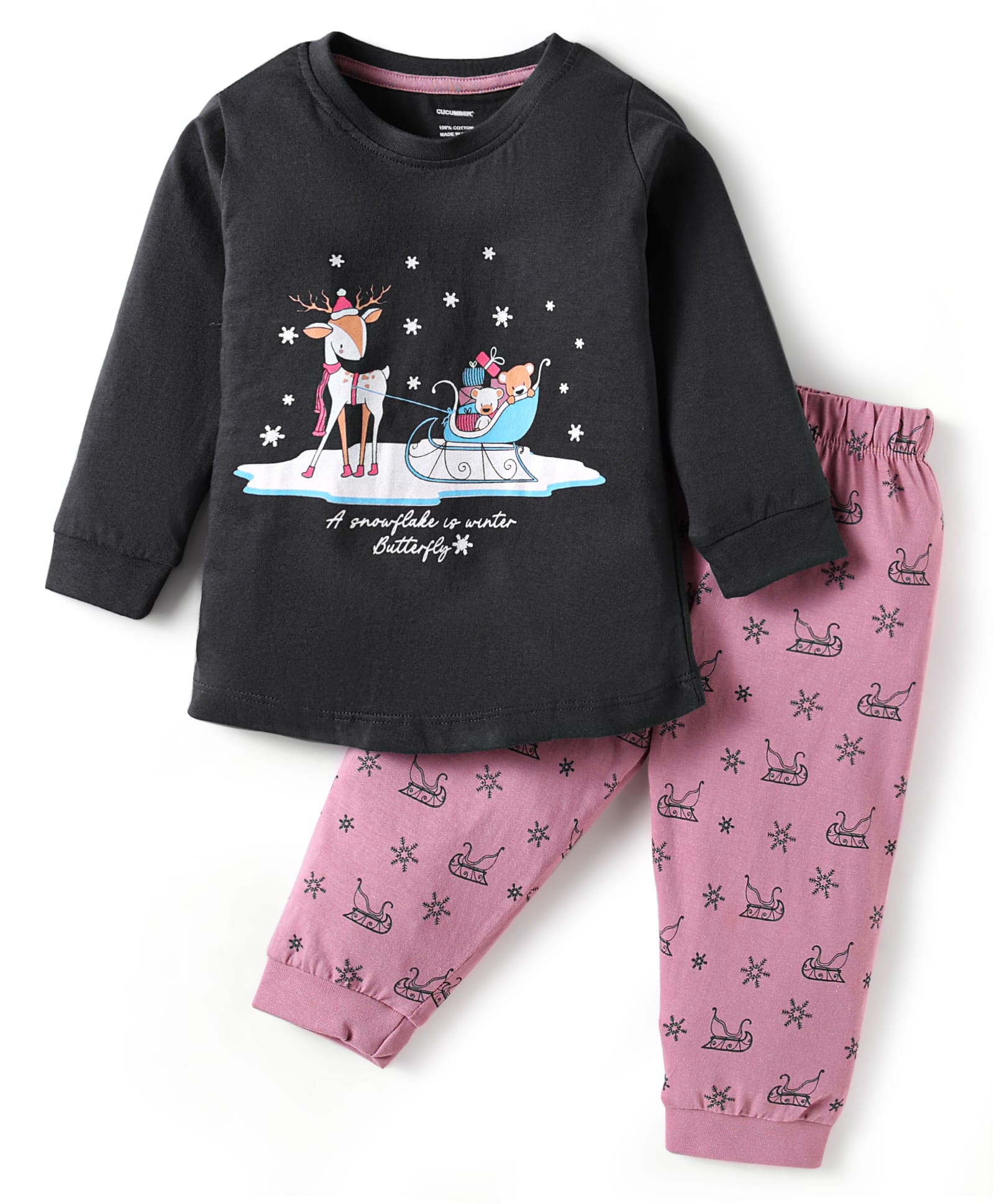 CUCUMBER Sinker Knit Full Sleeves Night Suit with Reindeer Print - Charcoal Grey & Plum-image-27