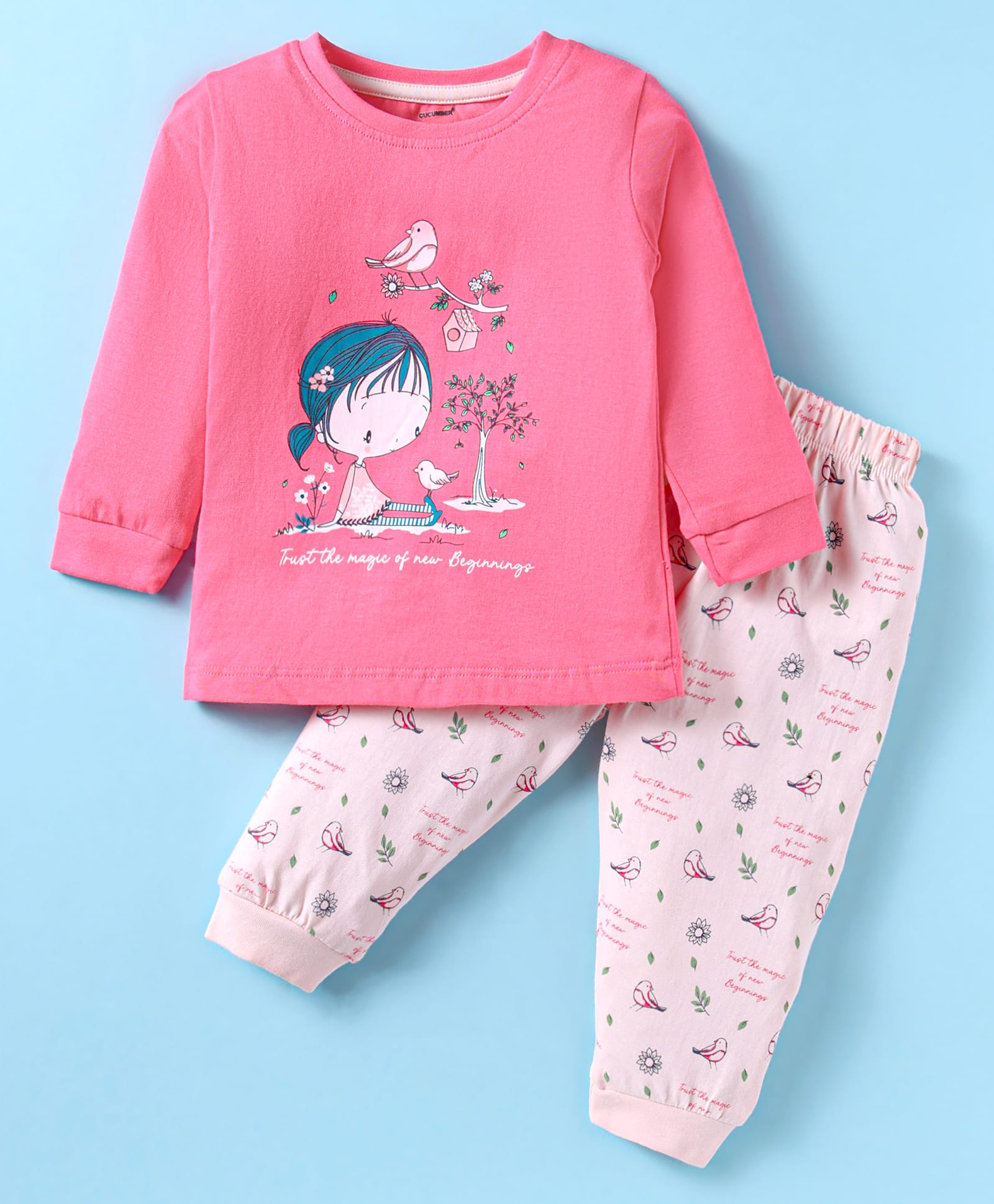 CUCUMBER Sinker Knit Full Sleeves Night Suit with Bird Print - Pink-picture-34