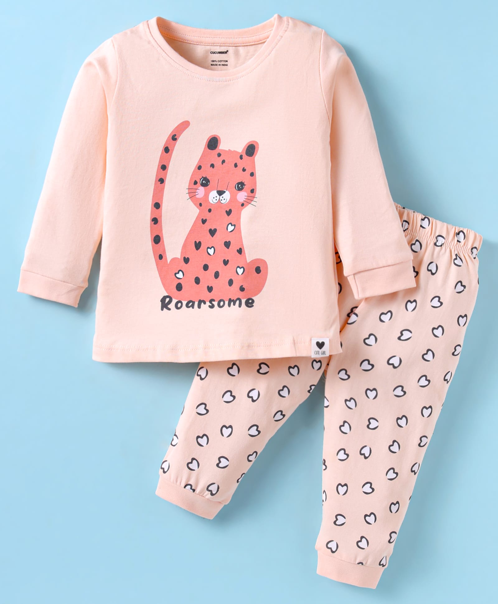 CUCUMBER Sinker Knit Full Sleeves Night Suit with Leopard Print - Pink-picture-46