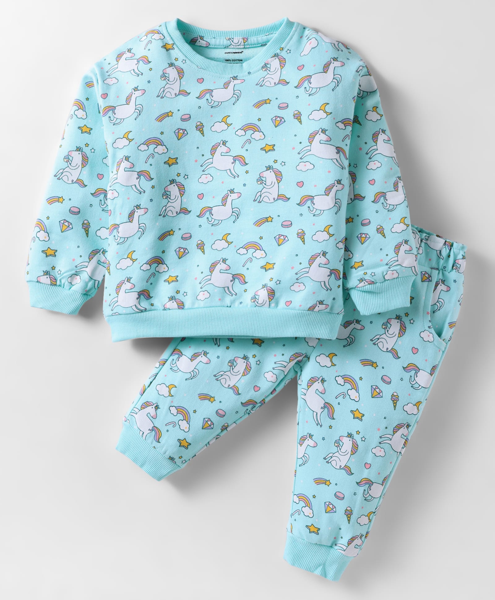 CUCUMBER Sinker Knit Full Sleeves Co-Ord Night Suit With Unicorn Print - Light Blue-picture-0