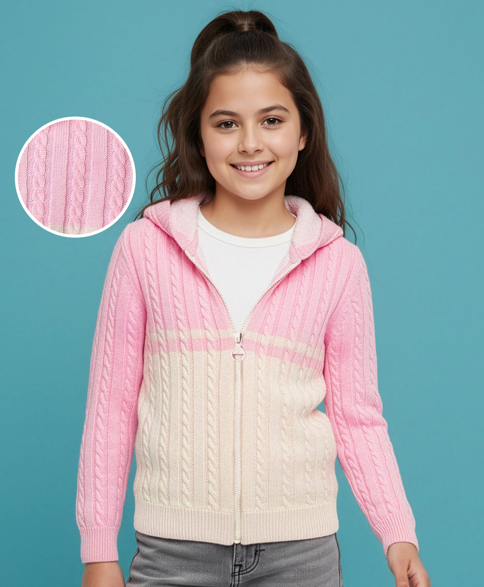 Pine Kids Knit Full Sleeves Front Open Hooded Sweater with Cable Knit Design - Pink-picture-21