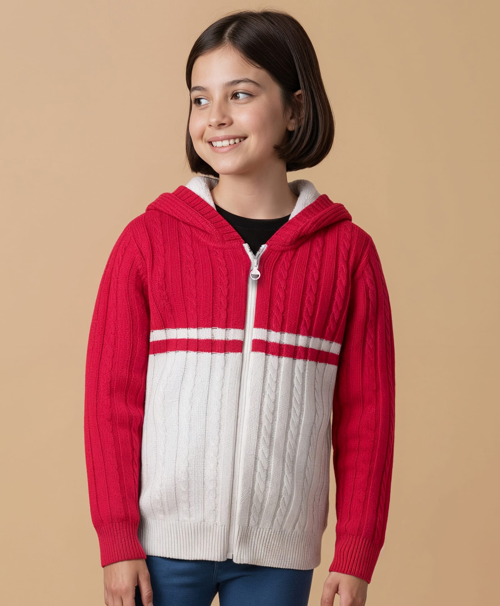 Pine Kids Knit Full Sleeves Front Open Hooded Sweater with Cable Knit Design - Red-picture-24