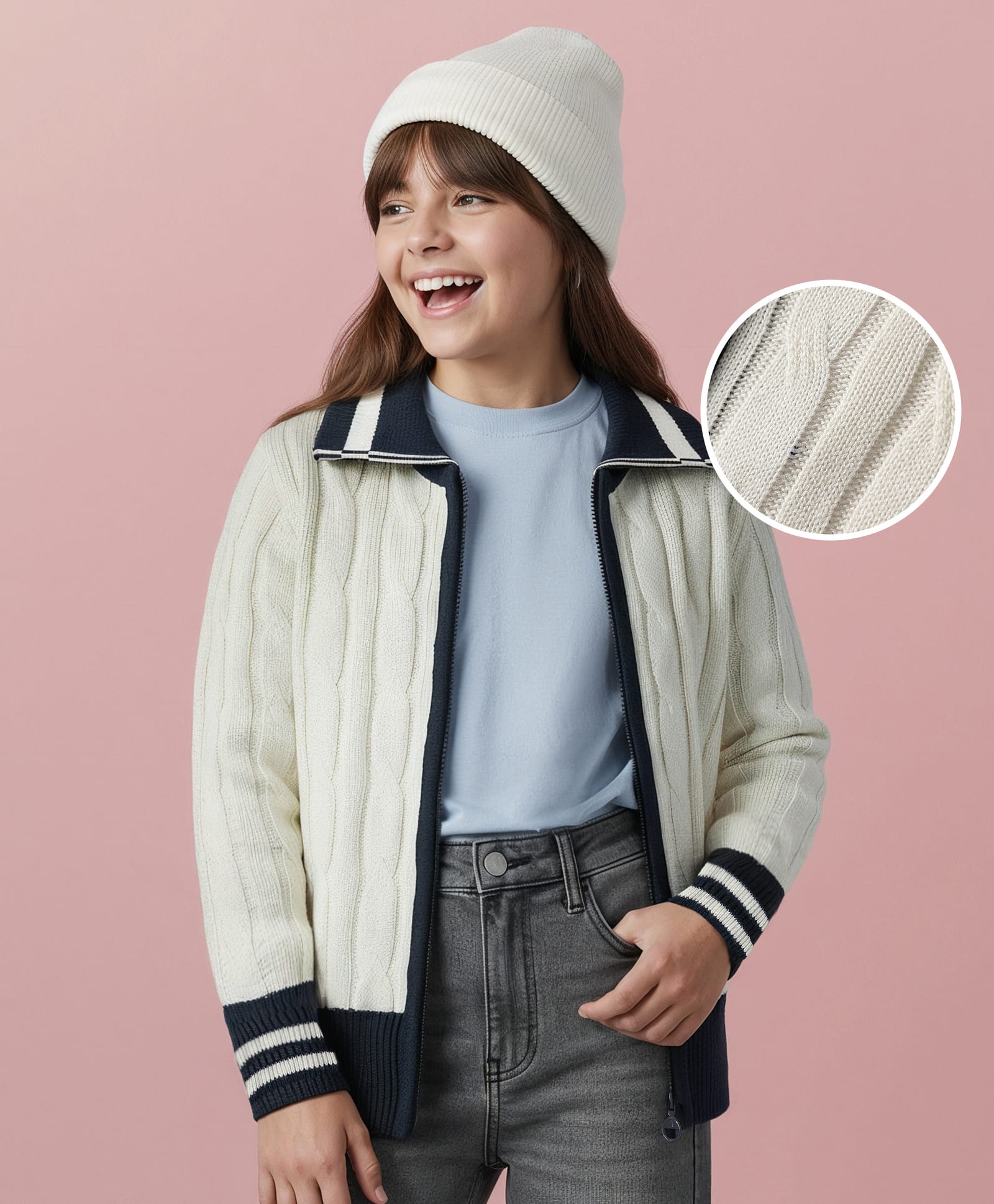 Pine Kids Knit Full Sleeves Front Open Sweater with Cable Knit Design - Off White-picture-26