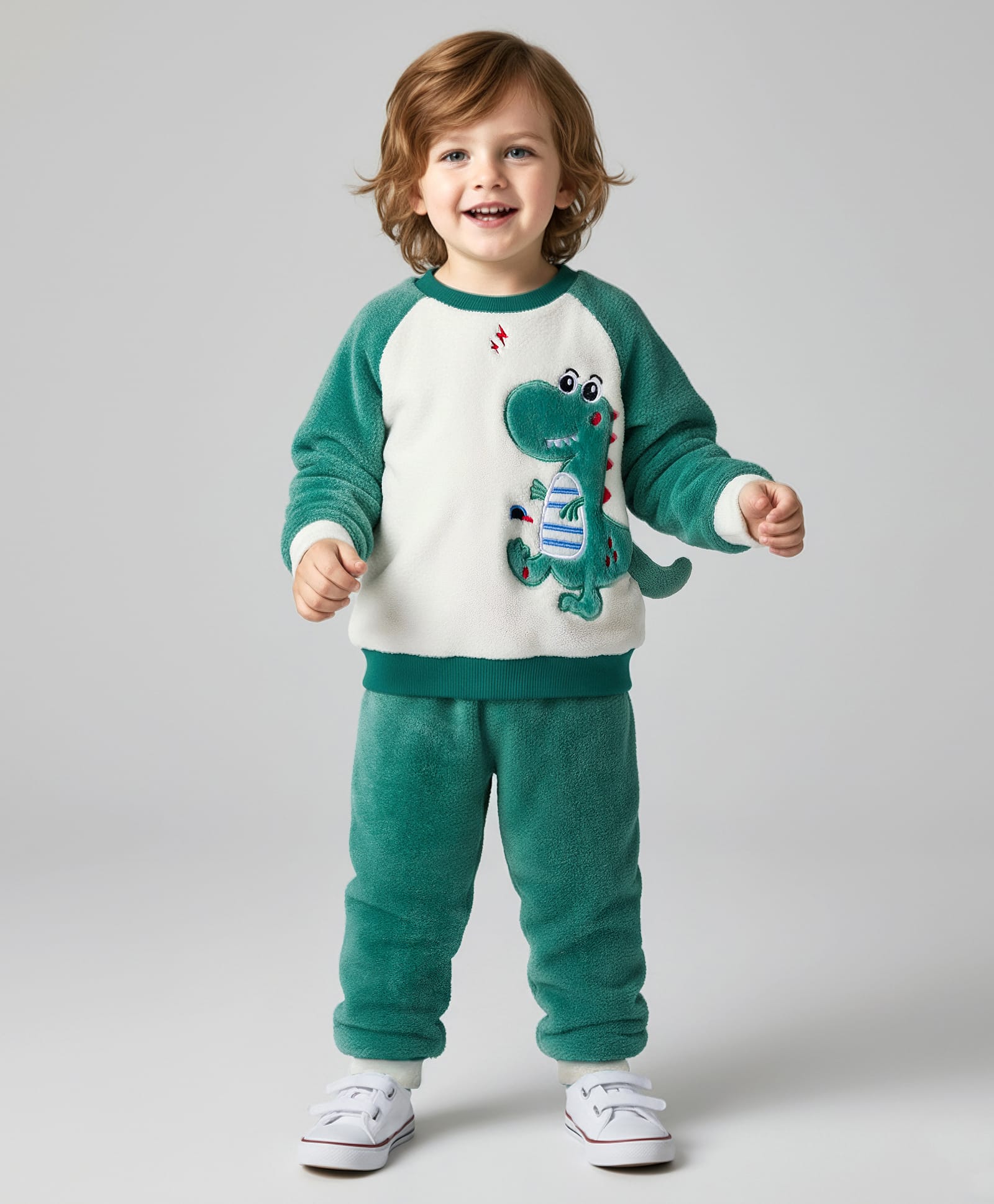 Mark & Mia Fur Woven Full Sleeves Night Suit with Dino Embroidery - Green-image-28