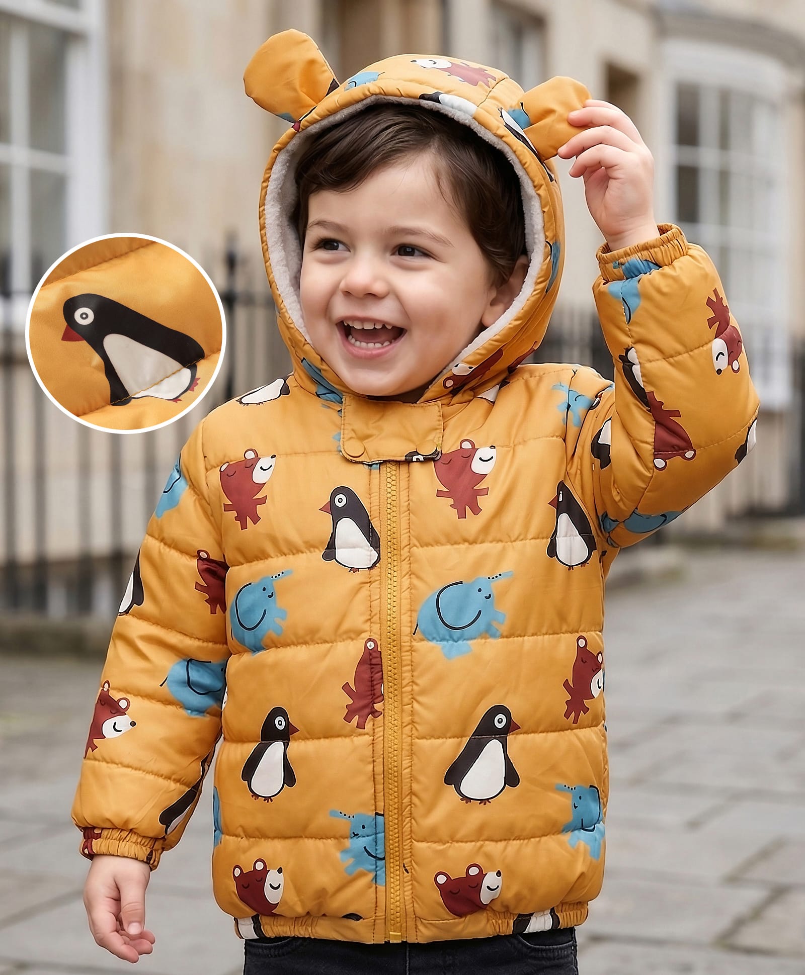 Mark & Mia Woven Full Sleeves Hooded Padded Jacket With Animal Print - Yellow-picture-30