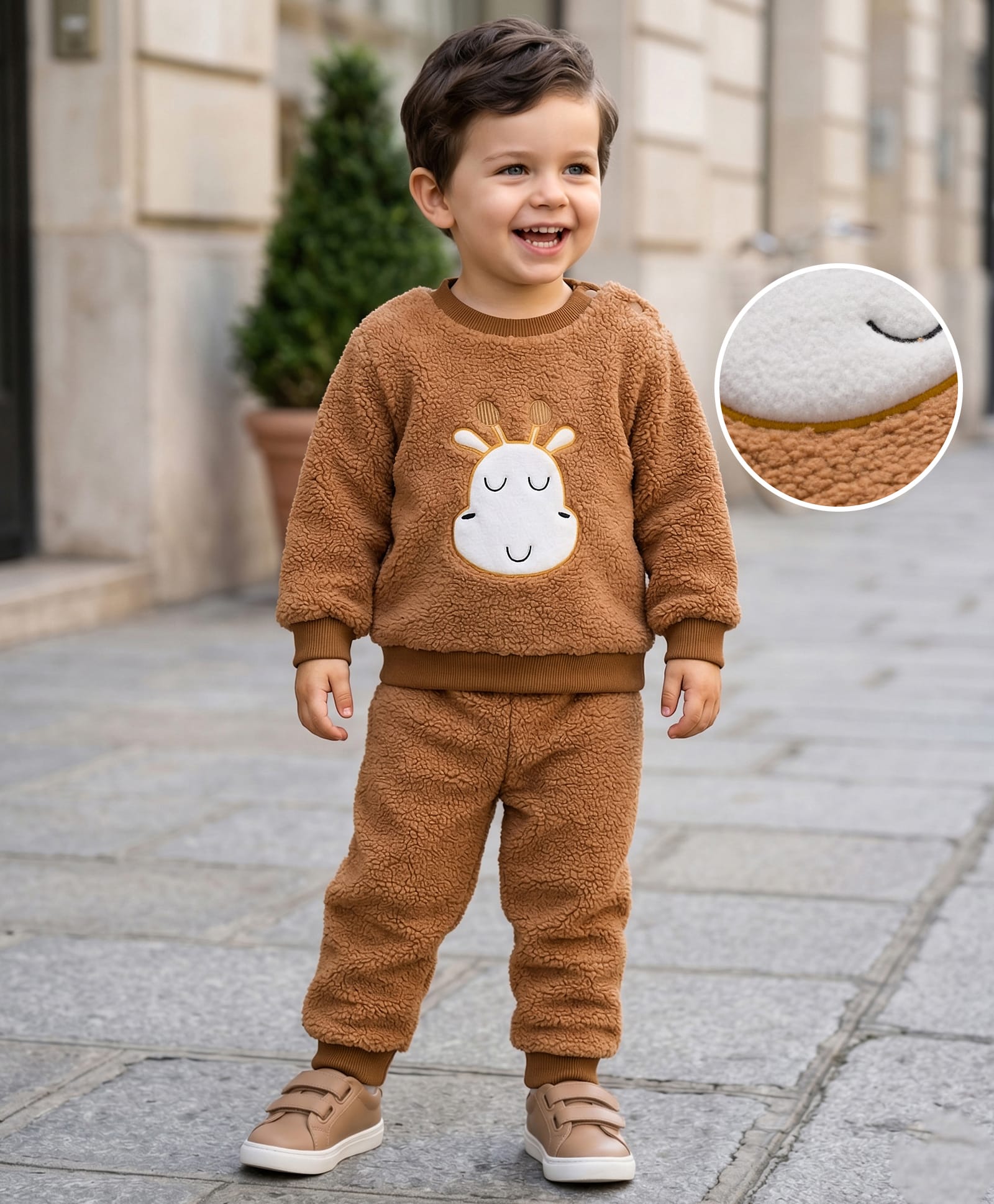 Mark & Mia Knit Full Sleeves Winter Wear Fur Sweatshirt & Lounge Pant Set with Giraffe Patch Detailing - Brown-picture-36