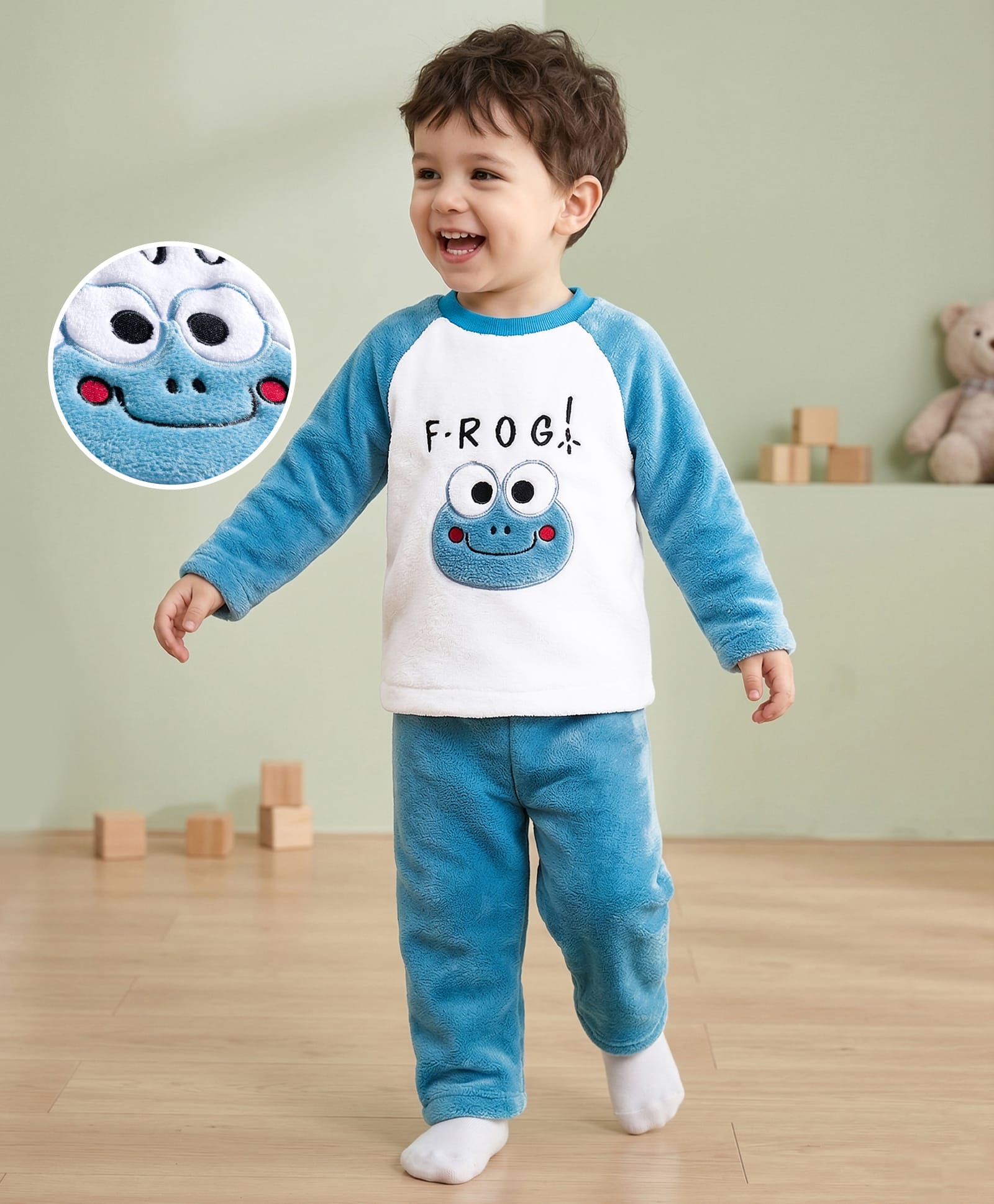 Mark & Mia Fur Woven Full Raglan Sleeves Winter Wear Night Suit with Frog Embroidery - Blue-picture-17