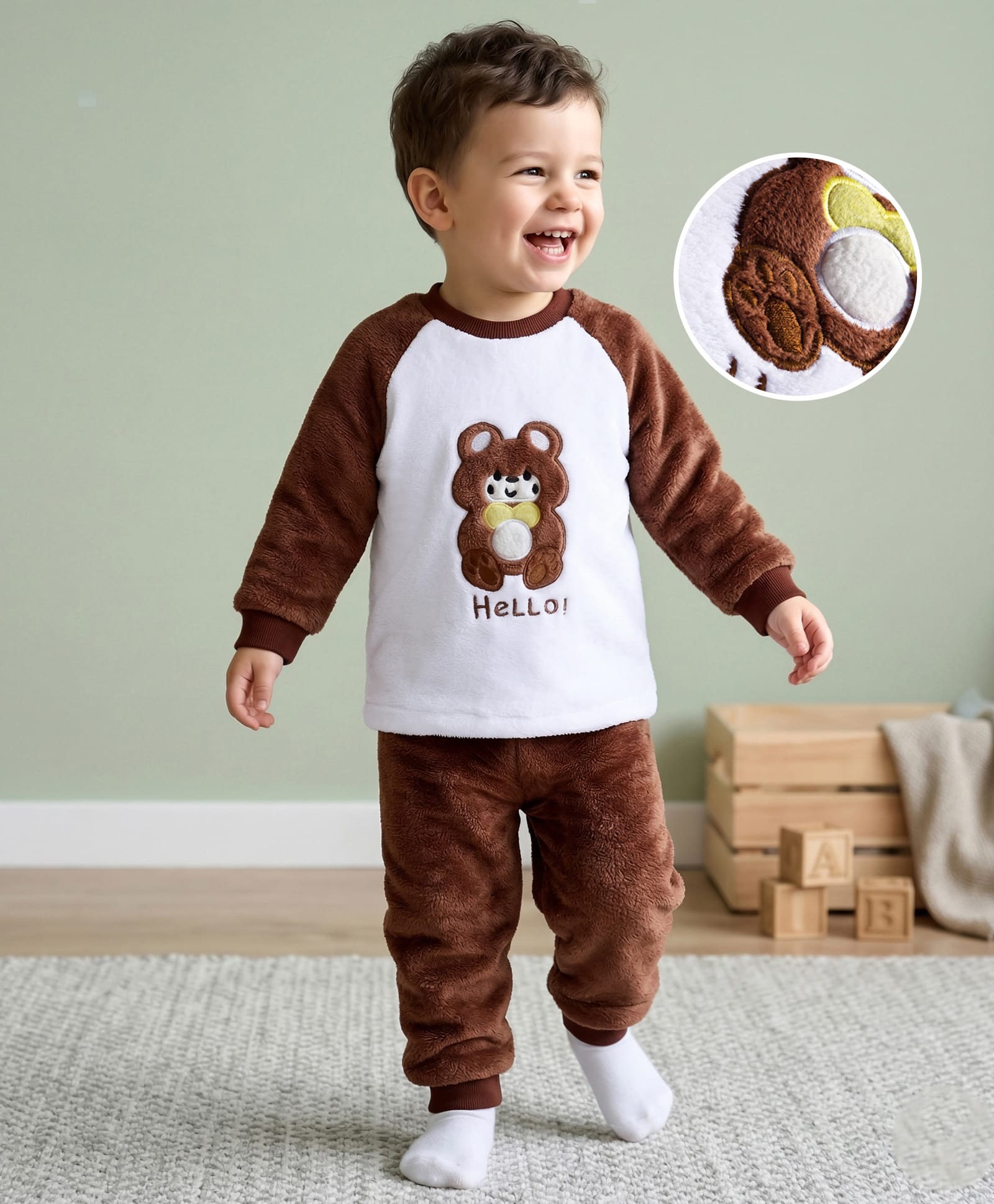 Mark & Mia Fur Woven Full Raglan Sleeves Winter Wear Night Suit with Bear Applique - Brown-picture-15