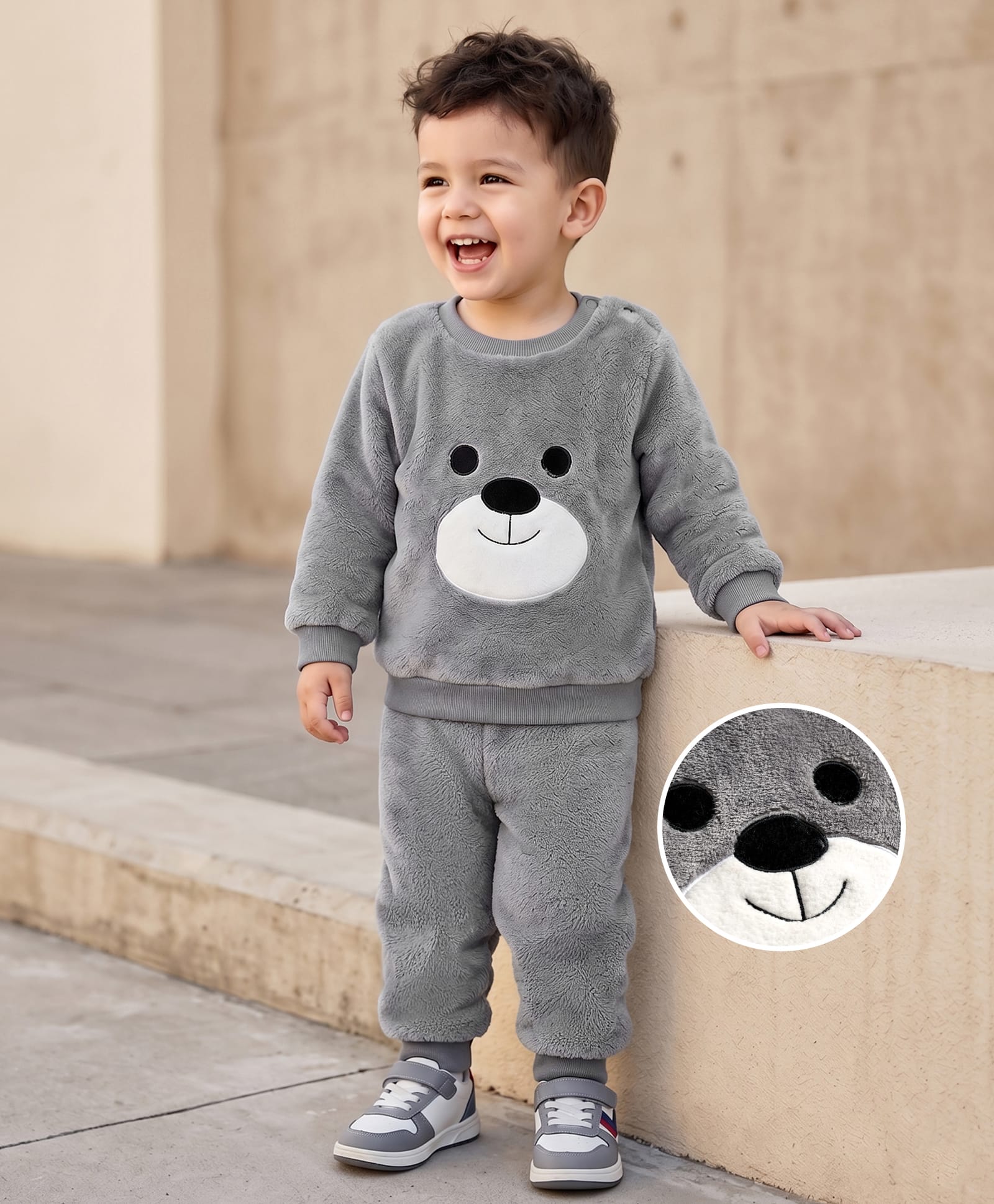 Mark & Mia Kit Full Sleeves Winter Wear Fur Sweatshirt & Lounge Pant Set with Bear Patch Detailing - Grey-image-28