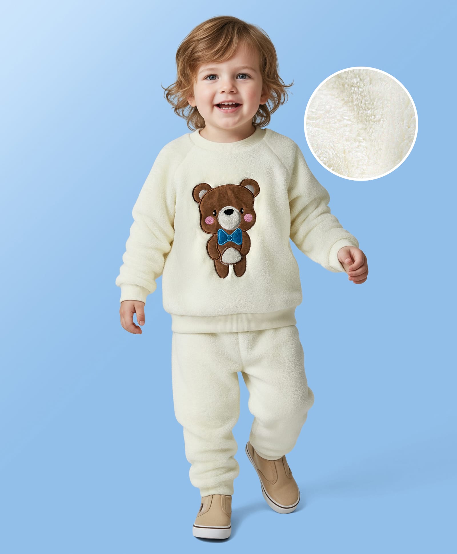 Mark & Mia Fur Knit Full Raglan Sleeves Sweatshirt & Lounge Pant With Teddy Embriodery - Beige-image-48