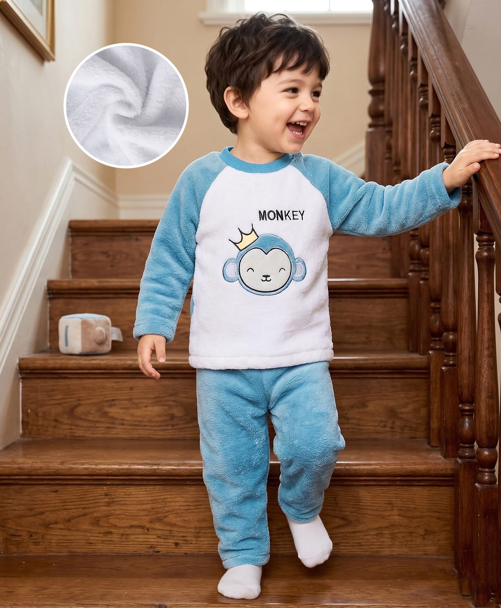 Mark & Mia Fur Woven Full Raglan Sleeves Winter Wear Night Suit with Monkey Embroidery - Blue & White-picture-20