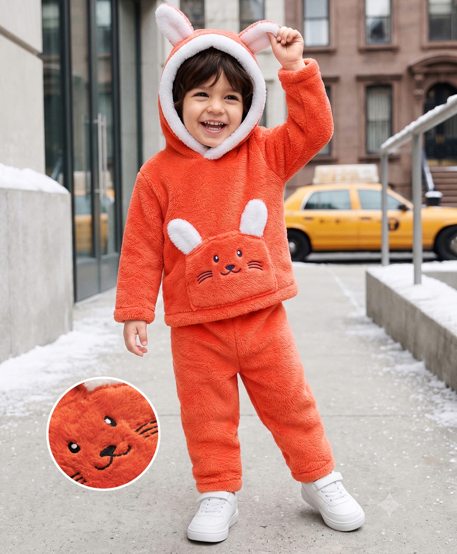 Mark & Mia Fur Woven Full Sleeves Winter Wear Night Suit With Cat Embroidery & Ears on Head & in Centre Front Detailing - Coral-picture-20