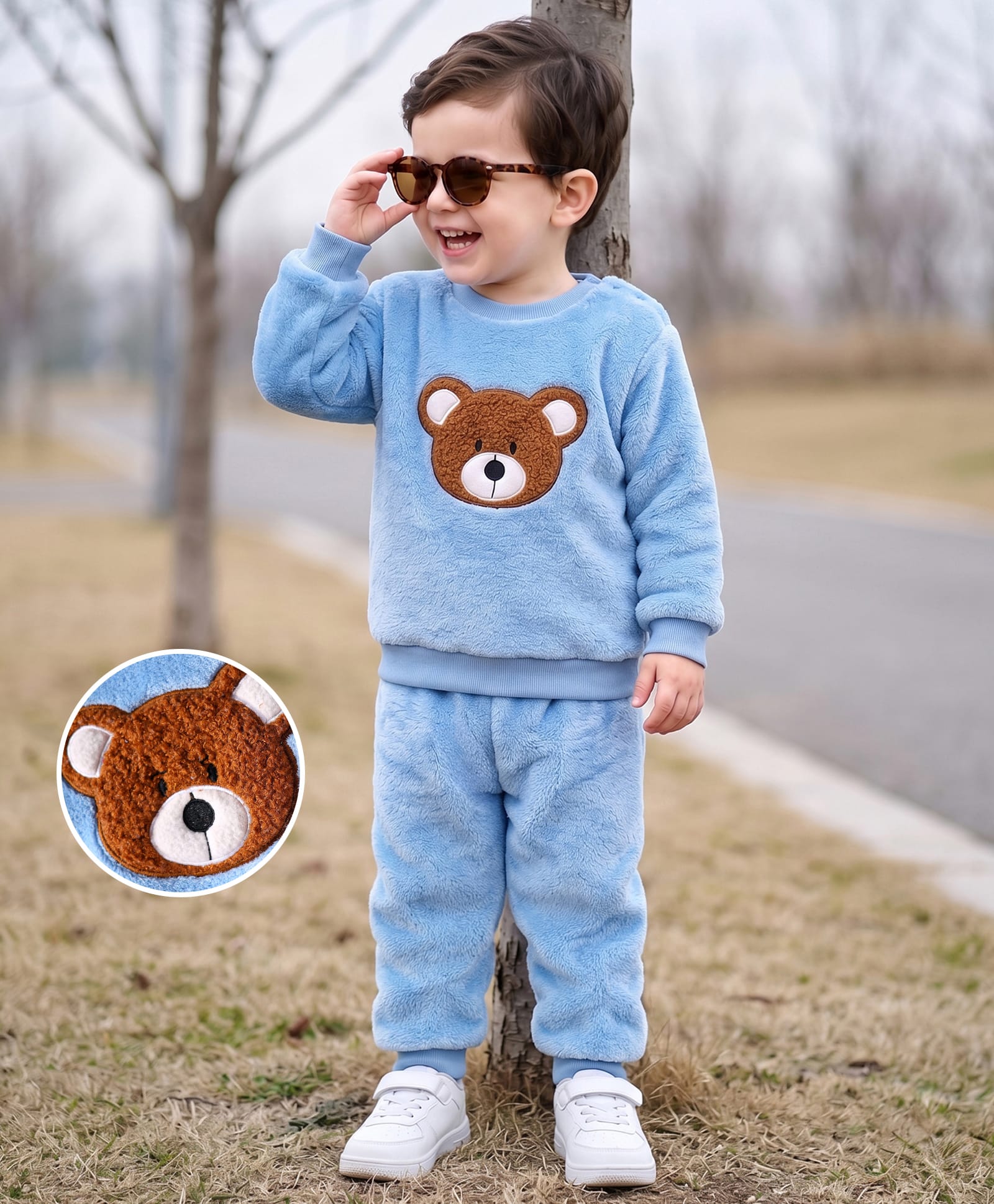 Mark & Mia Kit Full Sleeves Winter Wear Fur Sweatshirt & Lounge Pant Set with Bear Patch Detailing - Light Blue-image-29