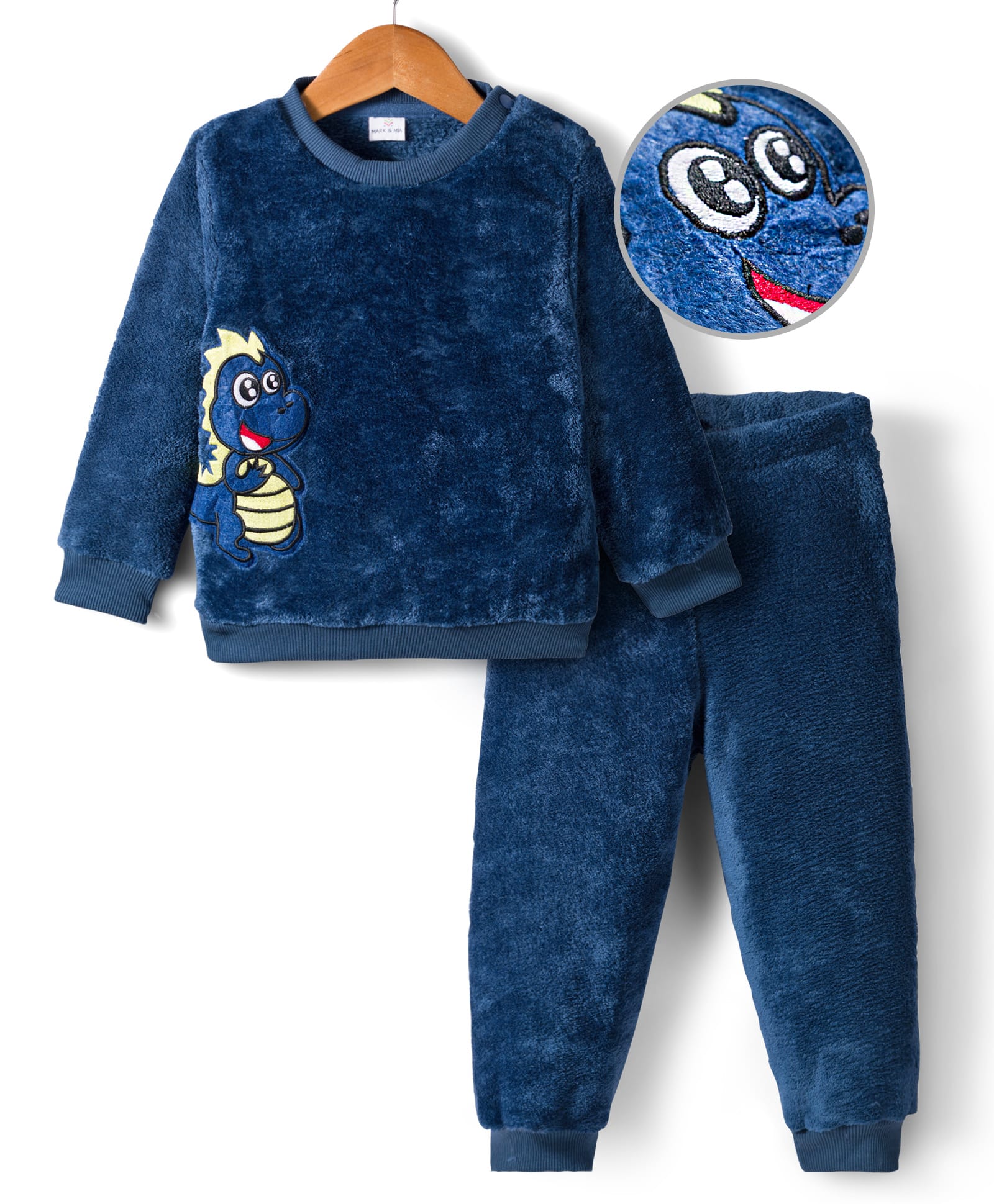 Mark & Mia Knit Full Sleeves Winter Wear Fur Sweatshirt & Lounge Pant Set with Dino Applique - Navy Blue-picture-37