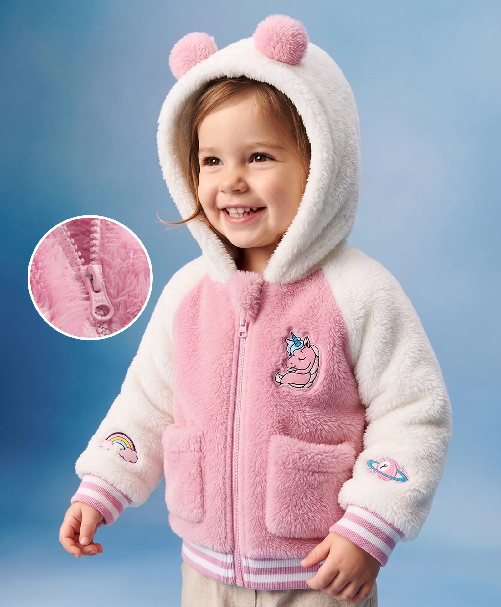 Mark & Mia Fleece Knit Hoodie With Cut N Sew, Pockets Ears & Unicorn Patche Detailing - Pink-image-4