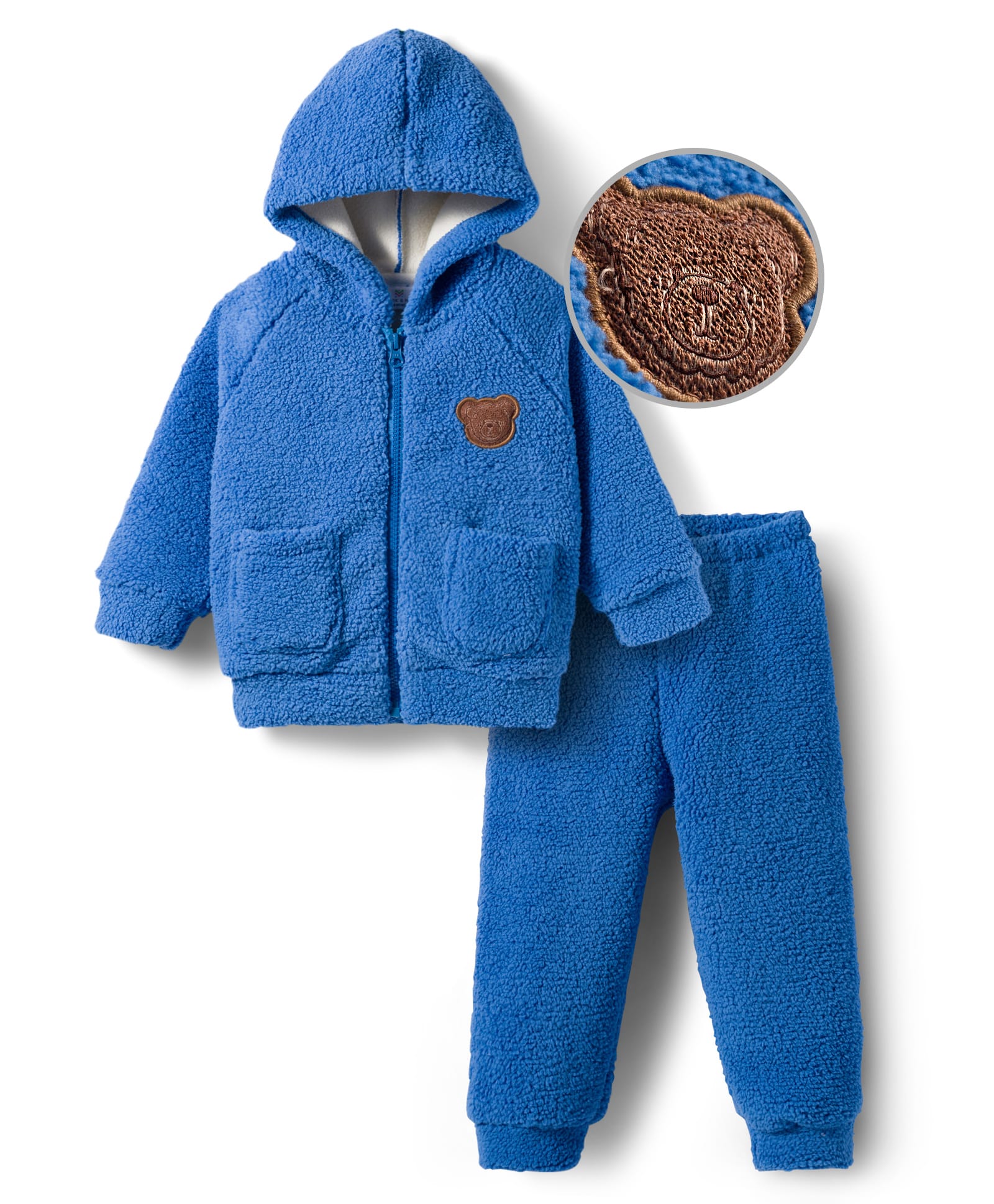Mark & Mia Knit Full Raglan Sleeves Winter Wear Hooded Fur SweatJacket & Lounge Pant Set Bear Embroidery - Blue-picture-18