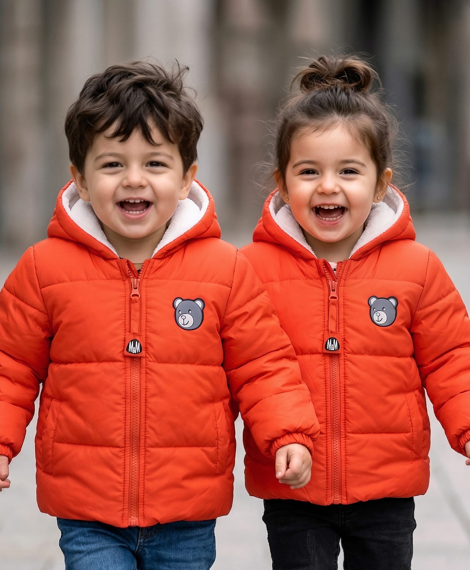 Mark & Mia Woven Full Sleeves Hooded Quilted Jacket with Bear Print - Neon Orange-picture-20
