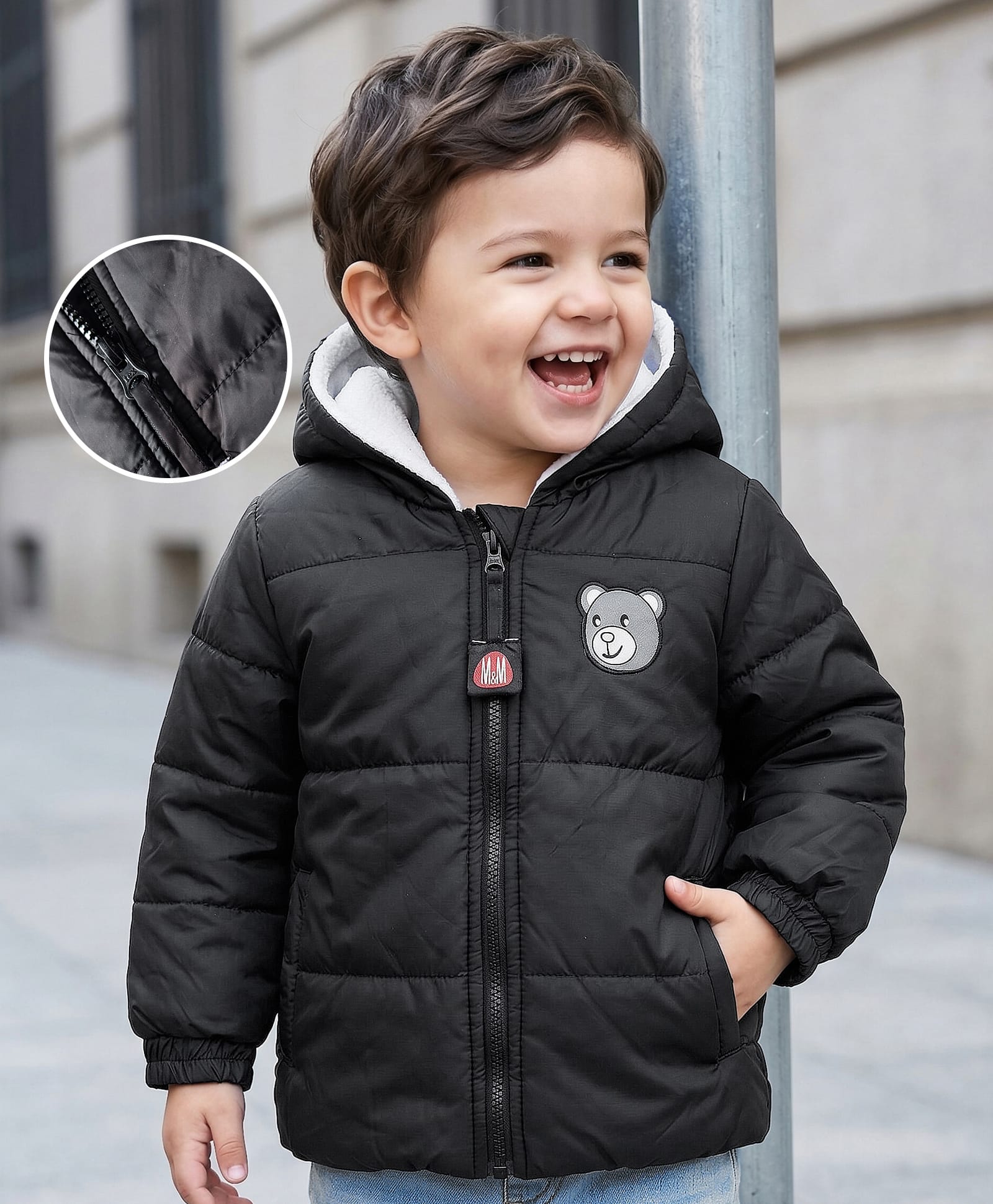 Mark & Mia Woven Full Sleeves Hooded Quilted Jacket With Teddy Bear Patch - Black-picture-14