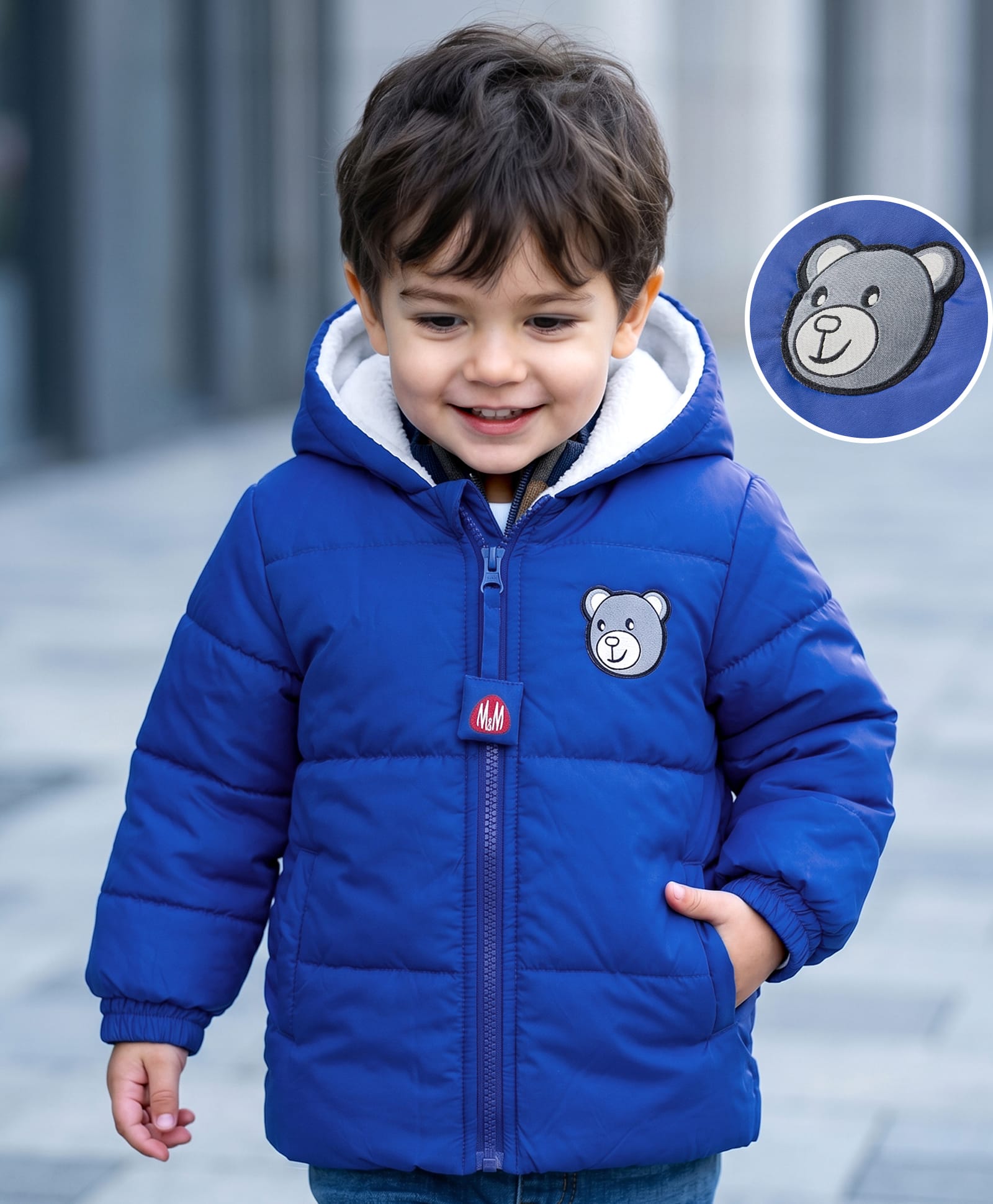 Mark & Mia Woven Full Sleeves Hooded Quilted Jacket With Teddy Bear Patch - Blue-picture-33