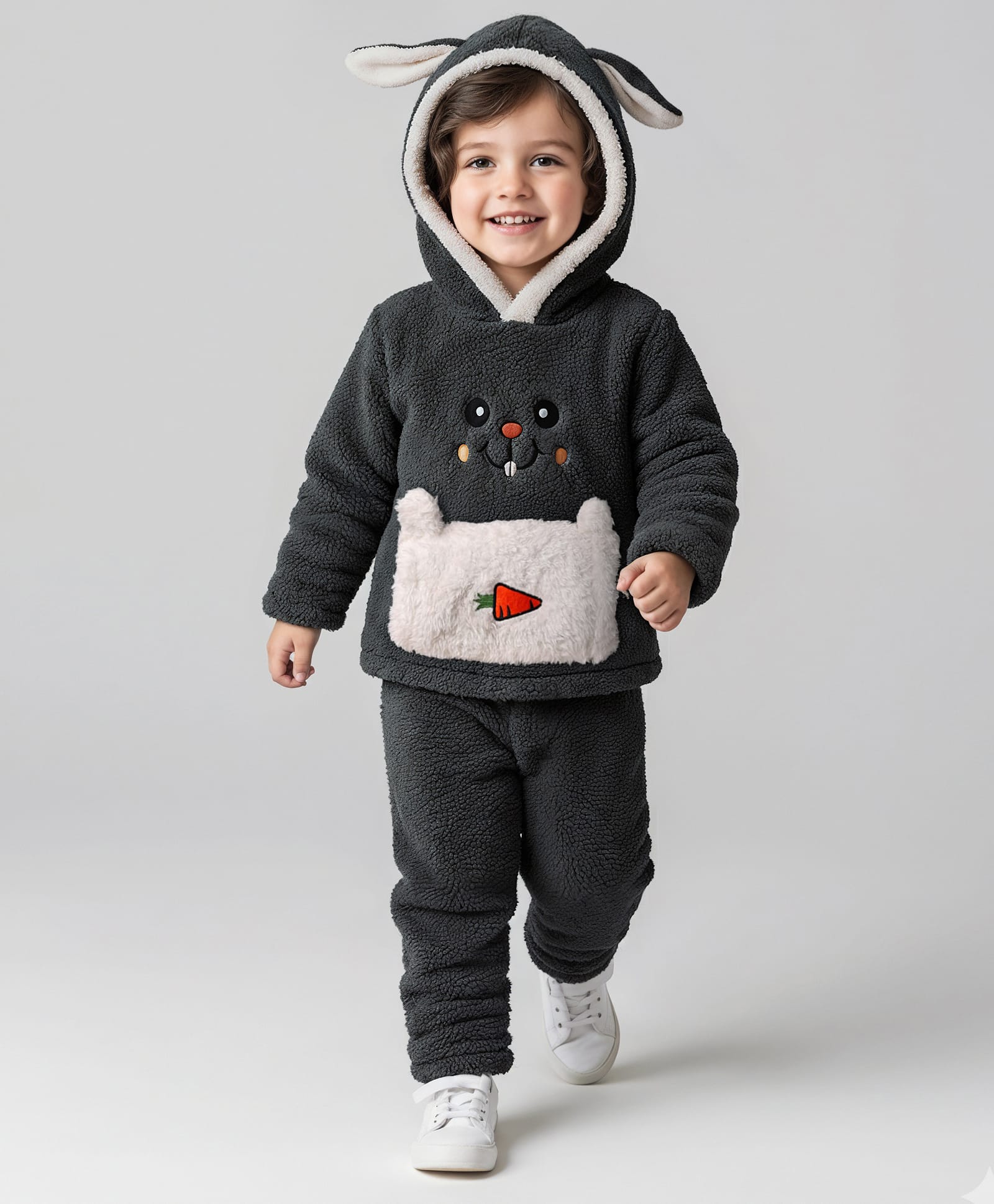 Mark & Mia Fur Knit Full Sleeves Winter Wear Hooded Sweatshirt & Lounge Pant Set With Bunny Embroidery & Pocket Detailing - Charcoal Grey-image-12