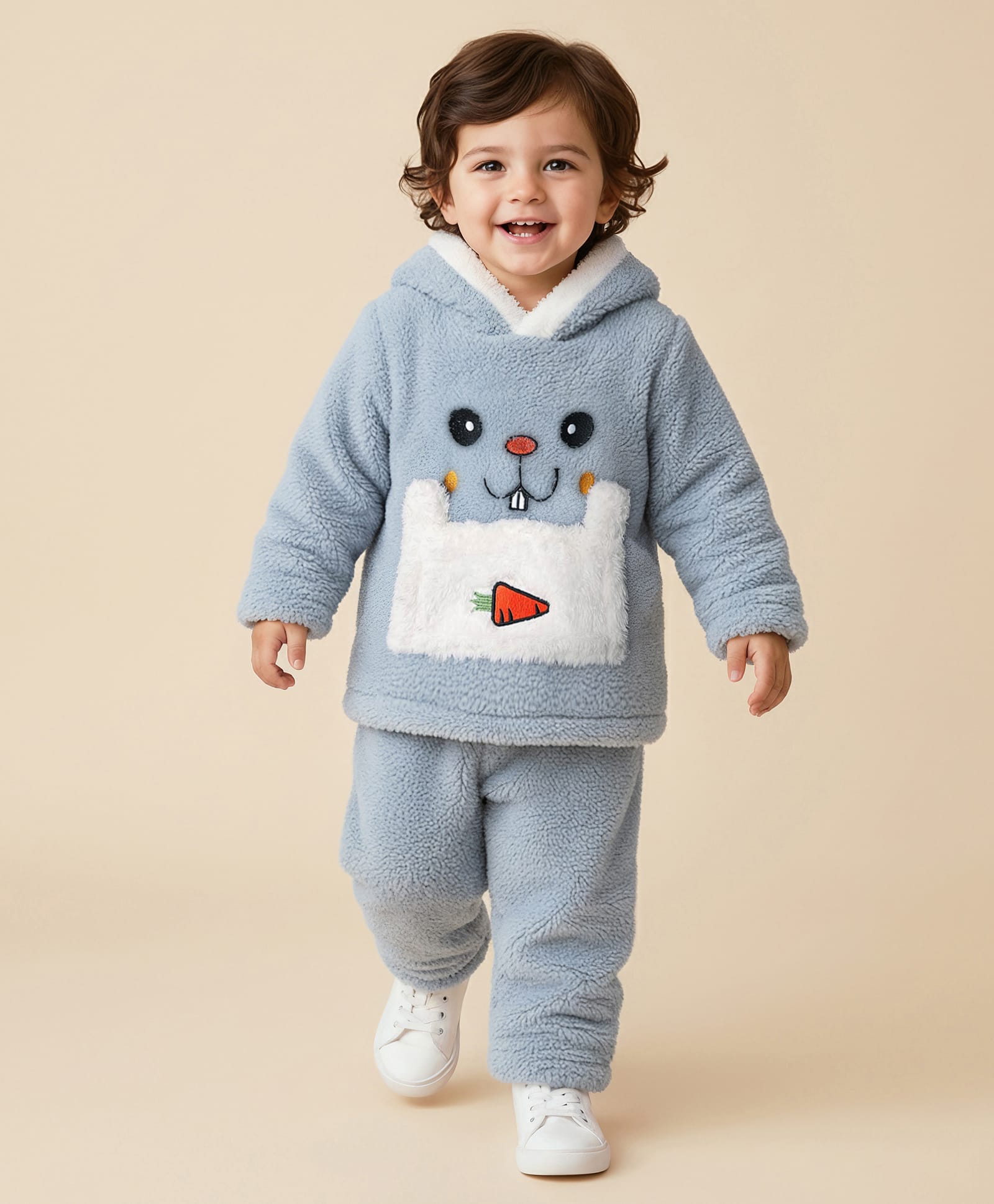 Mark & Mia Fur Knit Full Sleeves Winterwear Sweatshirt & Lounge Pant Set with Pockets & Hood with Bunny Applique - Light Grey-picture-11