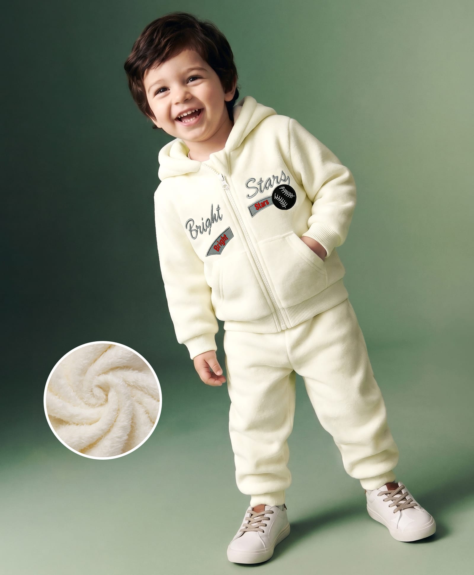 Mark & Mia Fur Knit Full Sleeves Text Embroidered Winter Wear Hooded T-Shirt & Lounge Pant Set - Beige-picture-10