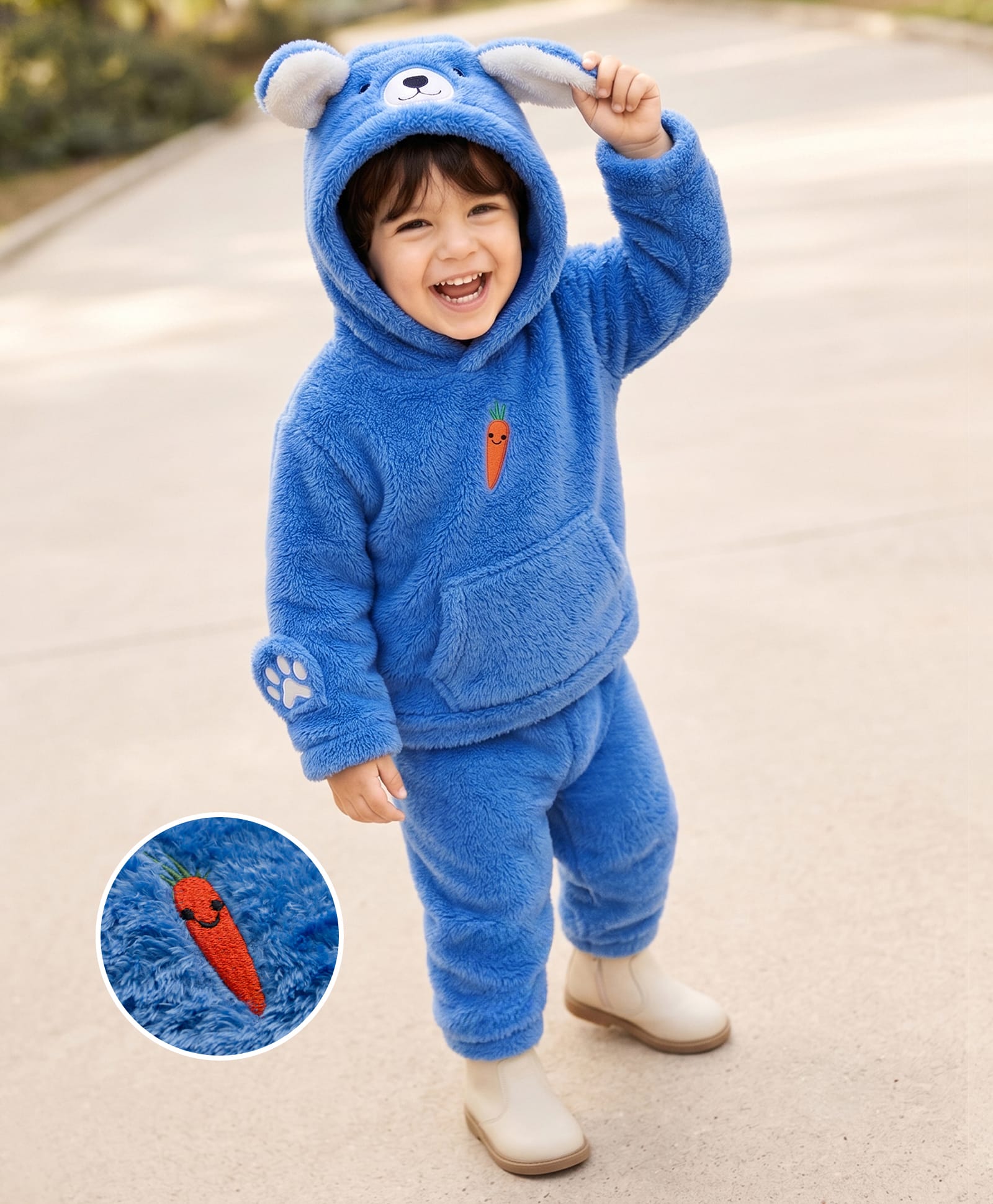 Mark & Mia Fur Knit Full Sleeves Winter Wear Hooded T-Shirt & Lounge Pant Set with Bunny Applique- Blue-image-37