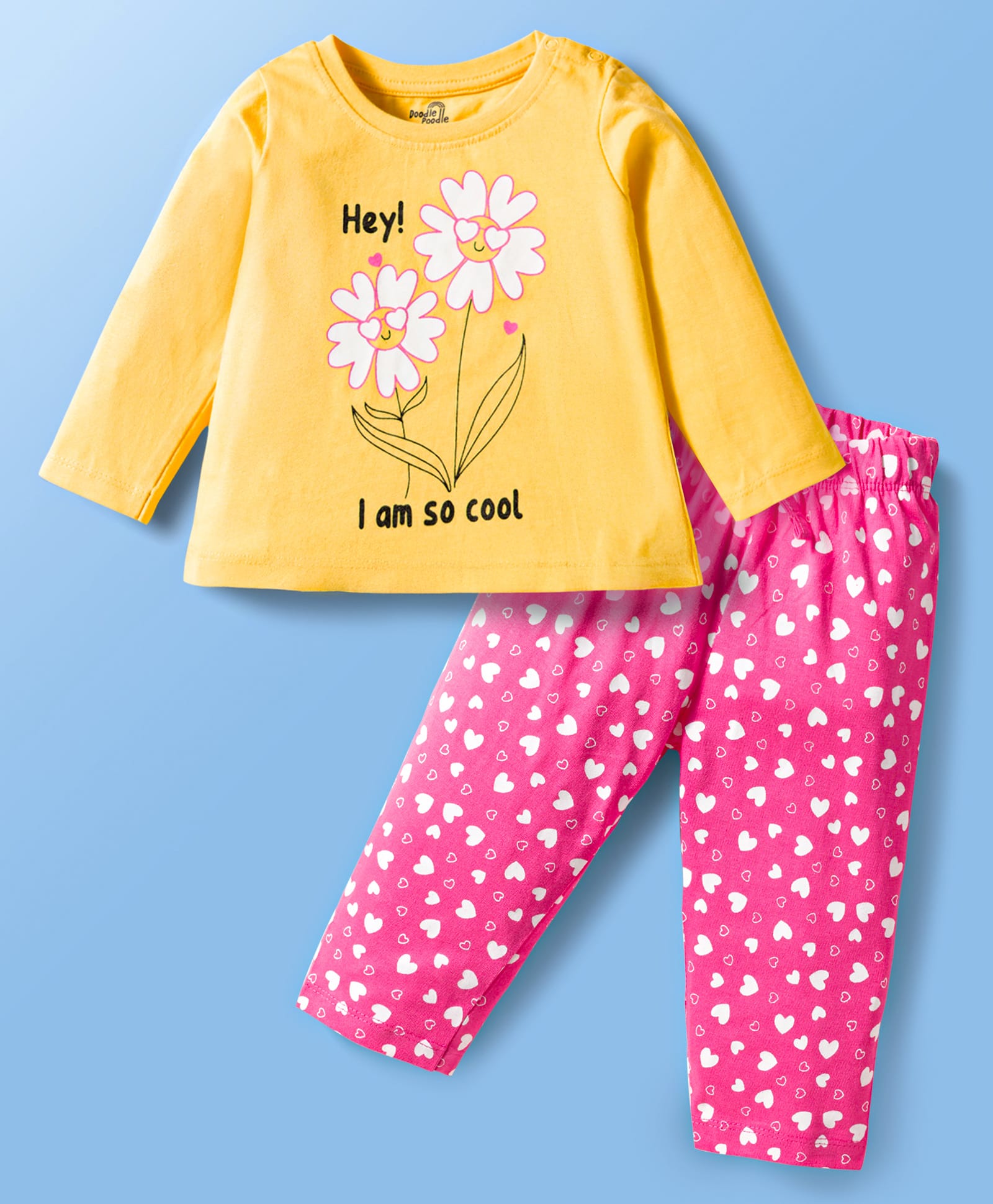 Doodle Poodle 100% Cotton Full Sleeves Night Suit with Text Unicorn & Heart Print - Yellow & Pink-image-46