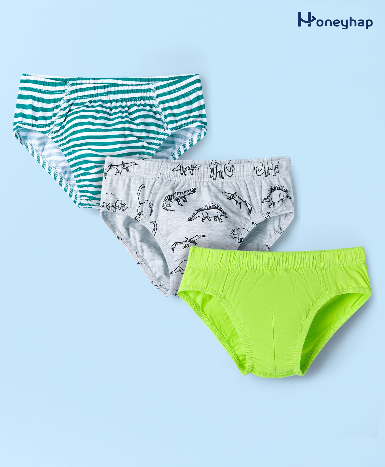 Honeyhap Premium Cotton Knit Briefs With Bio Finish Dino Print & Stripes Pack of 3 - Acid Lime & Bright White-image-32