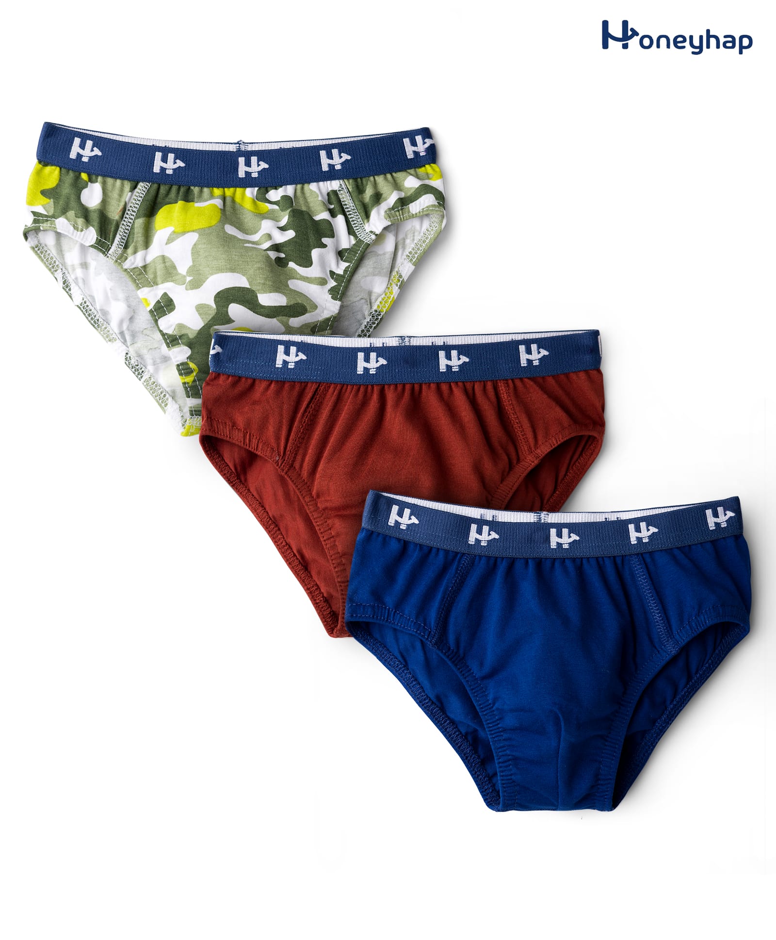 Honeyhap Premium Cotton Knit Briefs With Bio Finish & Camouflage Print Pack of 3 - Cherry Mahogany Bright White & Limoges-image-42