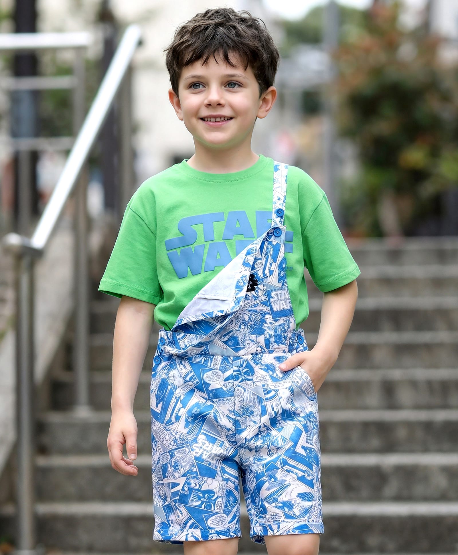 Ollington St. Lucas Single Jersey Knit Oversized Dungaree with Half Sleeves Drop Shoulder T-Shirt & Star Wars Graphics - Multicolor