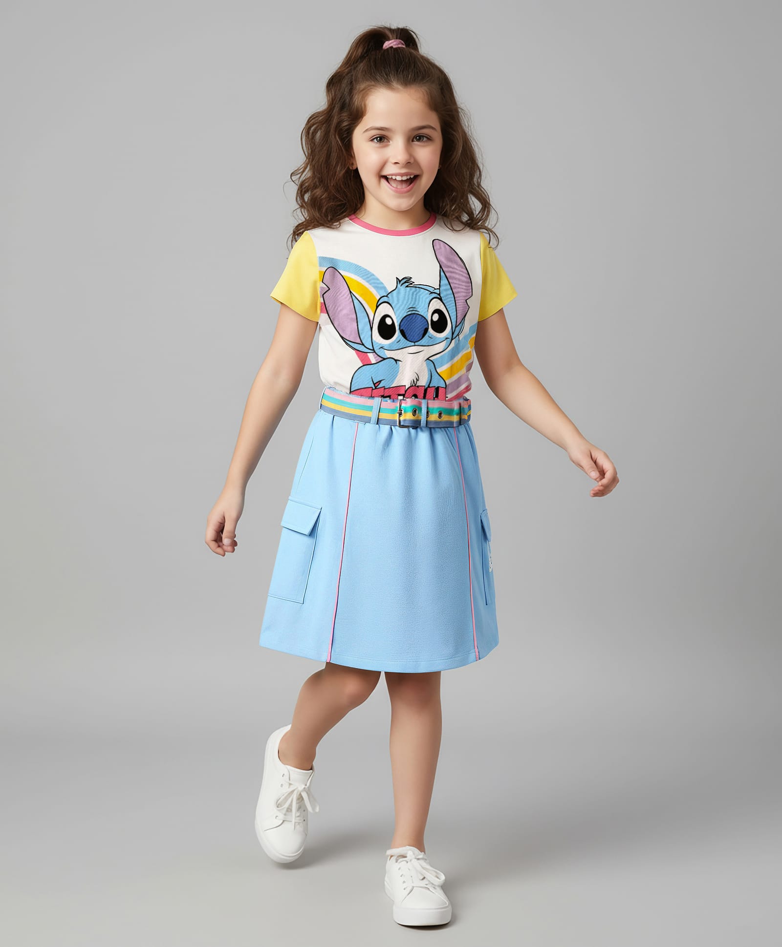 OLLINGTON ST. Disney Single Jersey Half Sleeves T-Shirts & Skirt Set & Belt with Lilo N Stitch Graphics and Belt - Light Blue & White-image-19