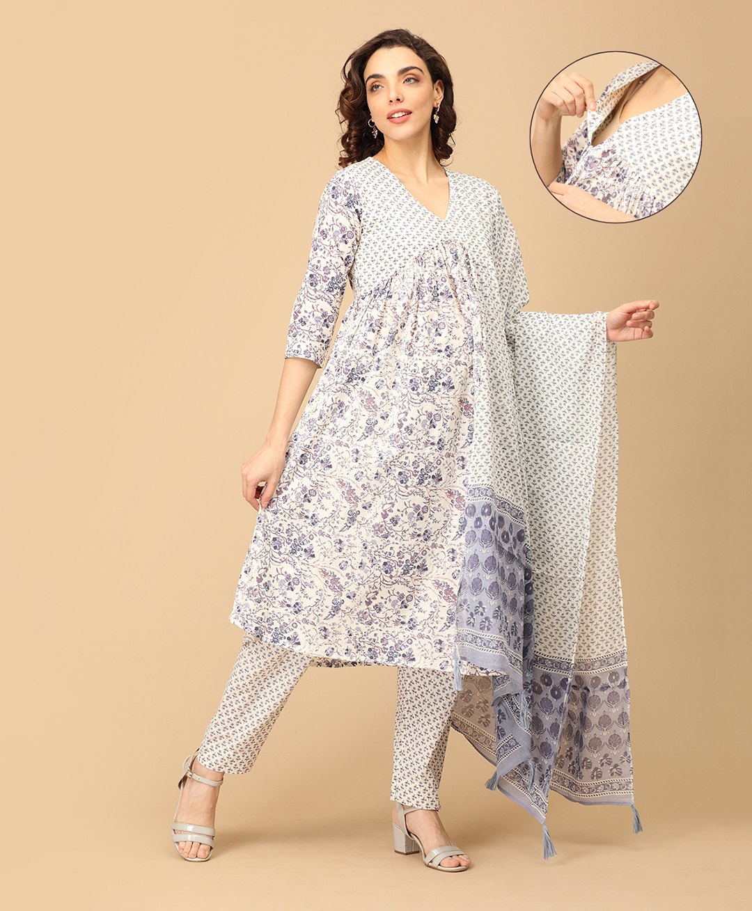 The Mom Store Cotton Knit Three Fourth Sleeves Floral Printed Maternity & Nursing Kurta Pant With Dupatta Set - Multi Colour-picture-20