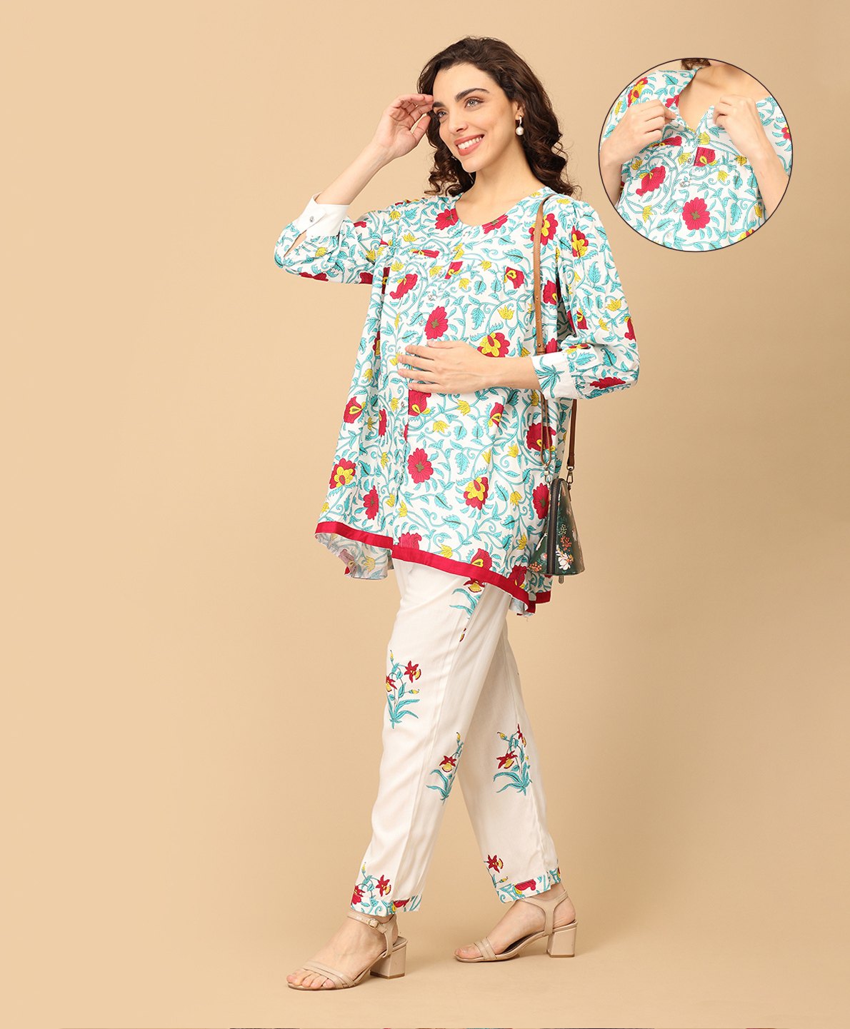 The Mom Store Cotton Knit Three Fourth Sleeves Floral Swirl Printed Maternity Kurta With Nursing Access & Coordinating Pant - Multi Colour-picture-24