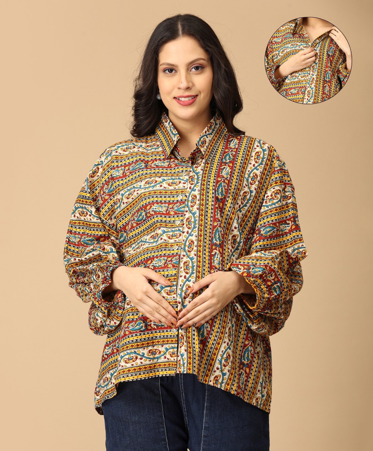 The Mom Store Cotton Knit Full Puffed Sleeves Floral Printed Maternity Oversized Shirt With Nursing Access - Multi Colour-image-11