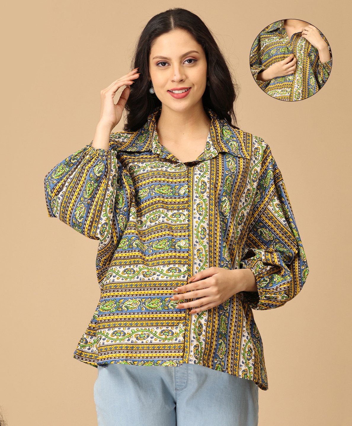 The Mom Store Cotton Knit Full Puffed Sleeves Floral Printed Maternity Oversized Shirt With Nursing Access - Blue-image-12